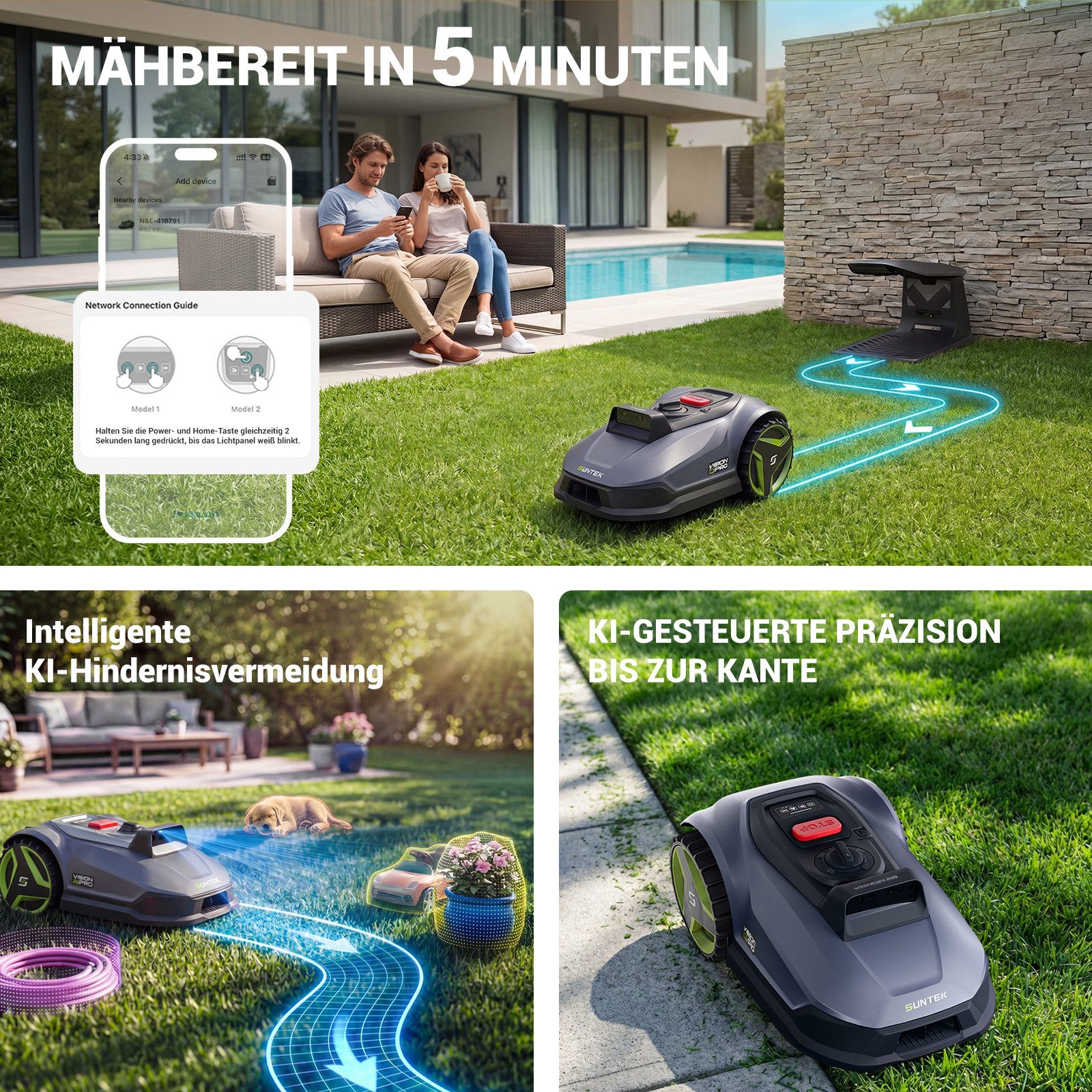 SUNTEK Rasenmähroboter Triple-Kamera-System Mähroboter ohne Begrenzungskabel mit Garage, bis 500 m² Rasenfläche, (1-St), 500, App, Multizonen-Management