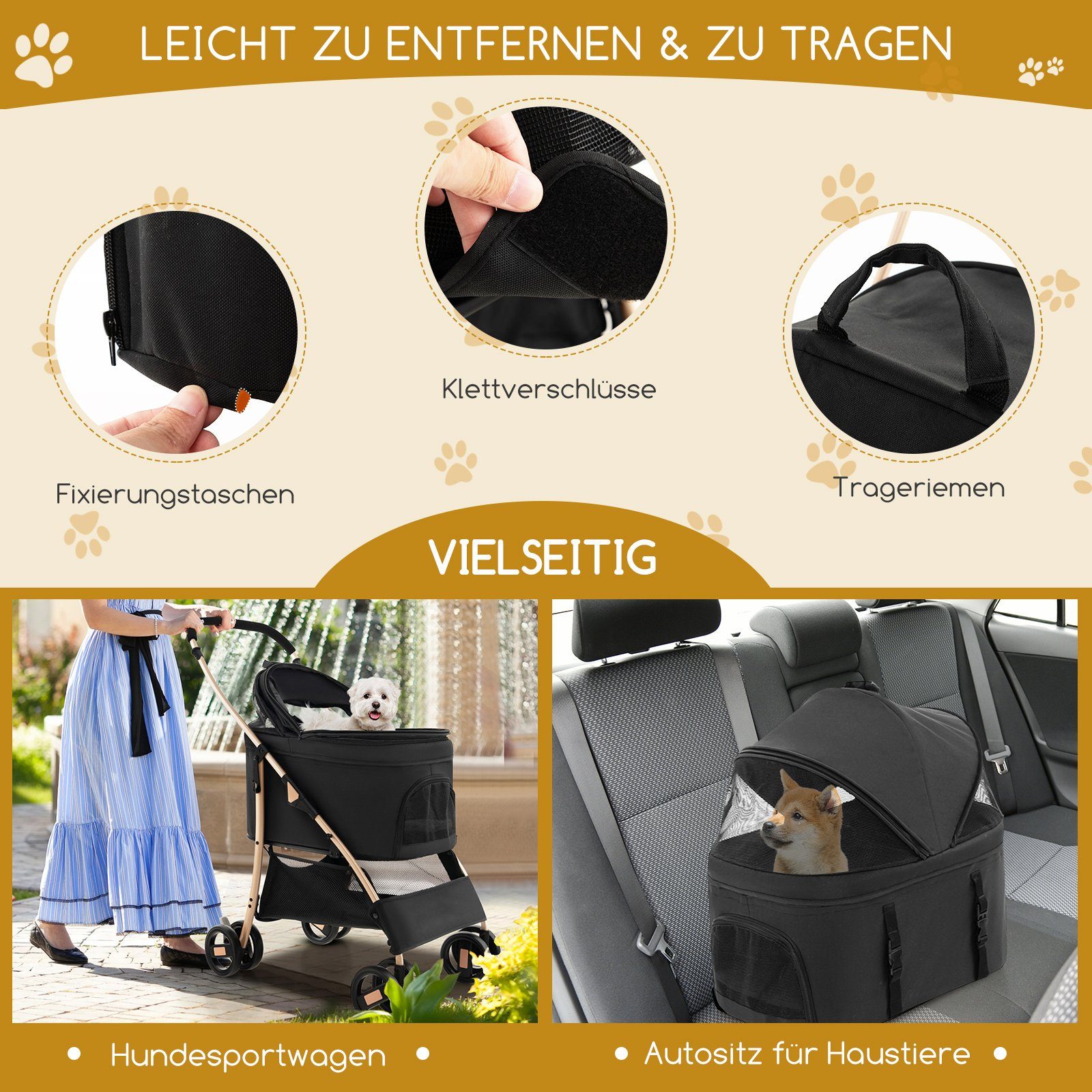 COSTWAY Hundebuggy Hundewagen, mit verstellbarem Vordach, 88 x 48 x 98cm – Bild 5 von 5