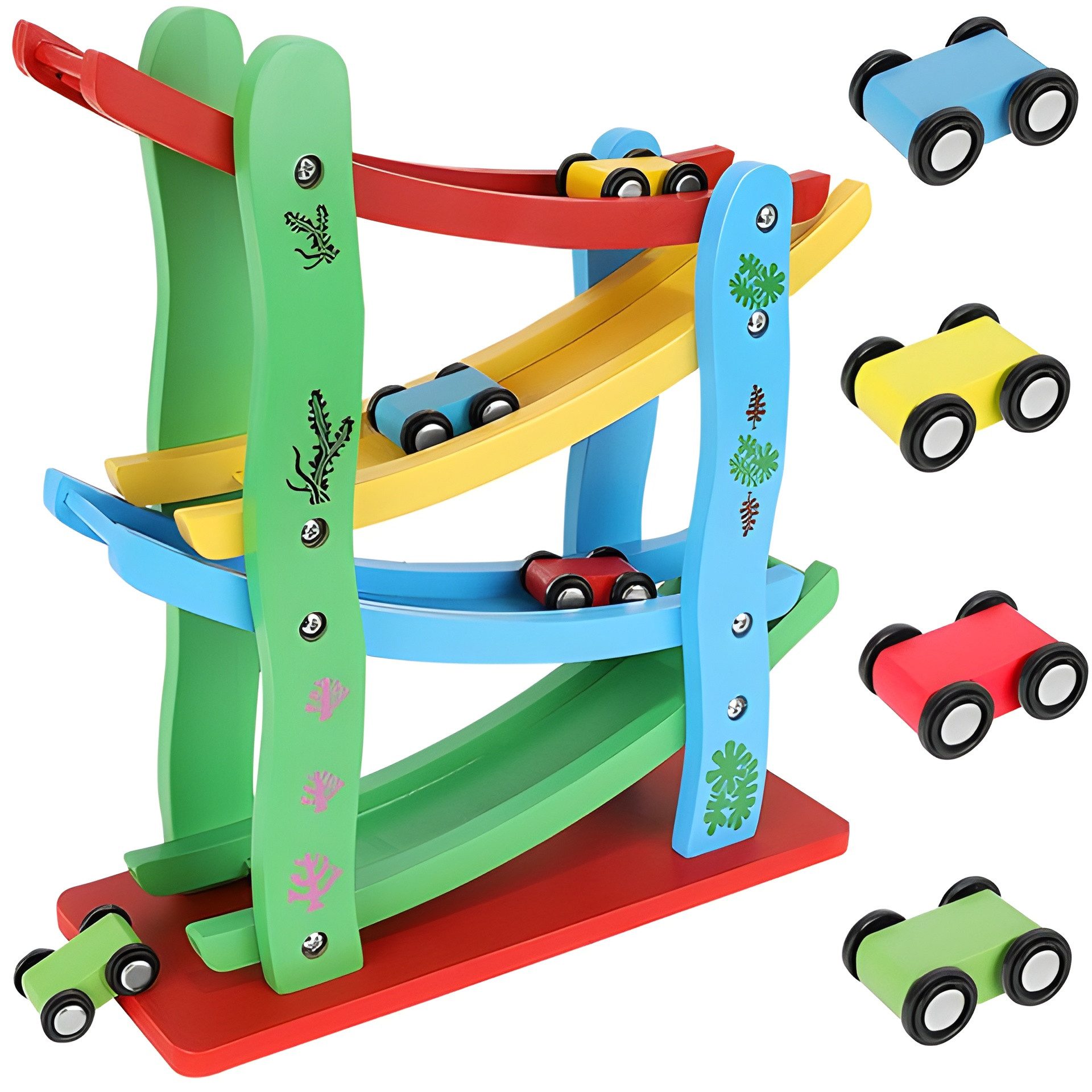KRUZZEL Kugelbahn Autorennbahn Holzspielzeug, (Holzspielzeug-Set, 5-tlg., Игрушки-Set), inkl. 4 Autos
