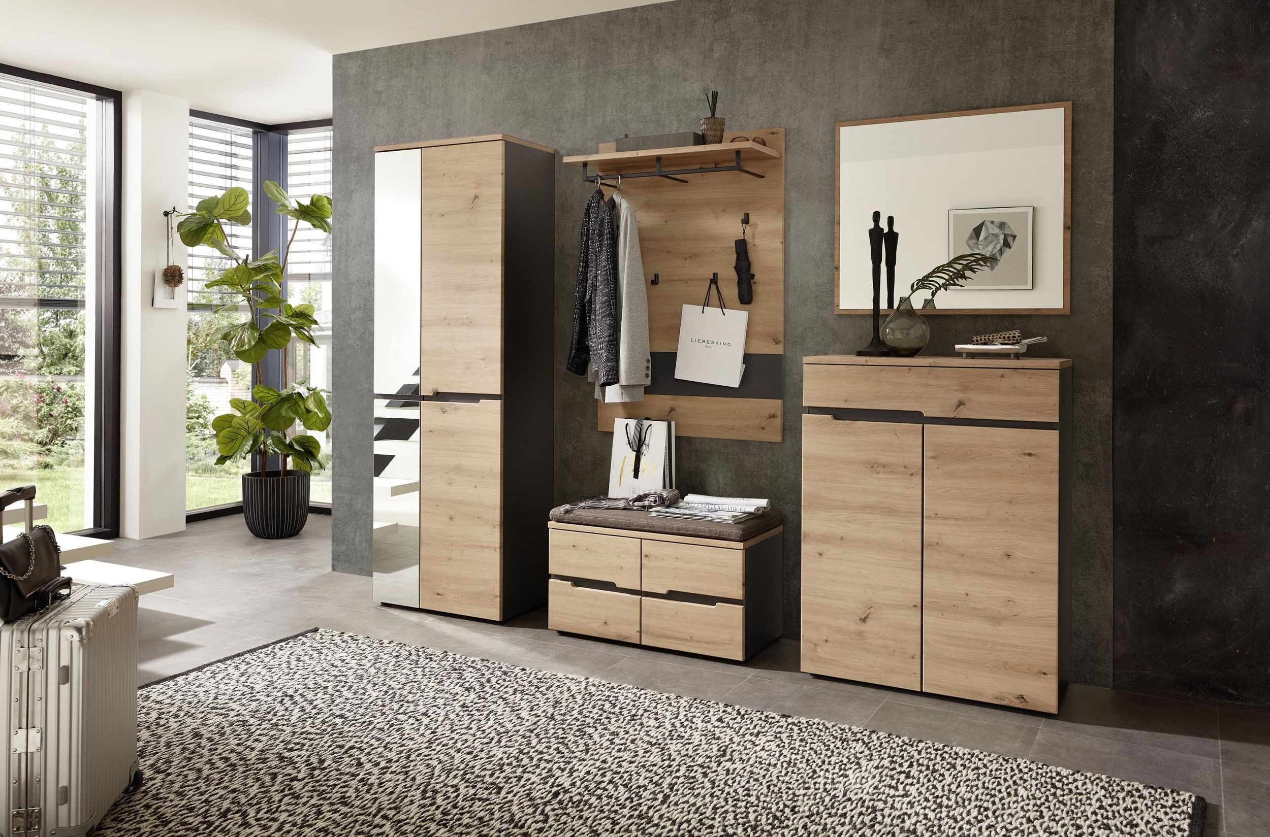 Innostyle Garderoben-Set MEMPHIS GH80 Artisan Eiche Nachbildung 5-teilig, (Komplett-Set, 5-St., Schrank, Paneel, Sitzbank mit Kissen, Schuhschrank und Spiegel)