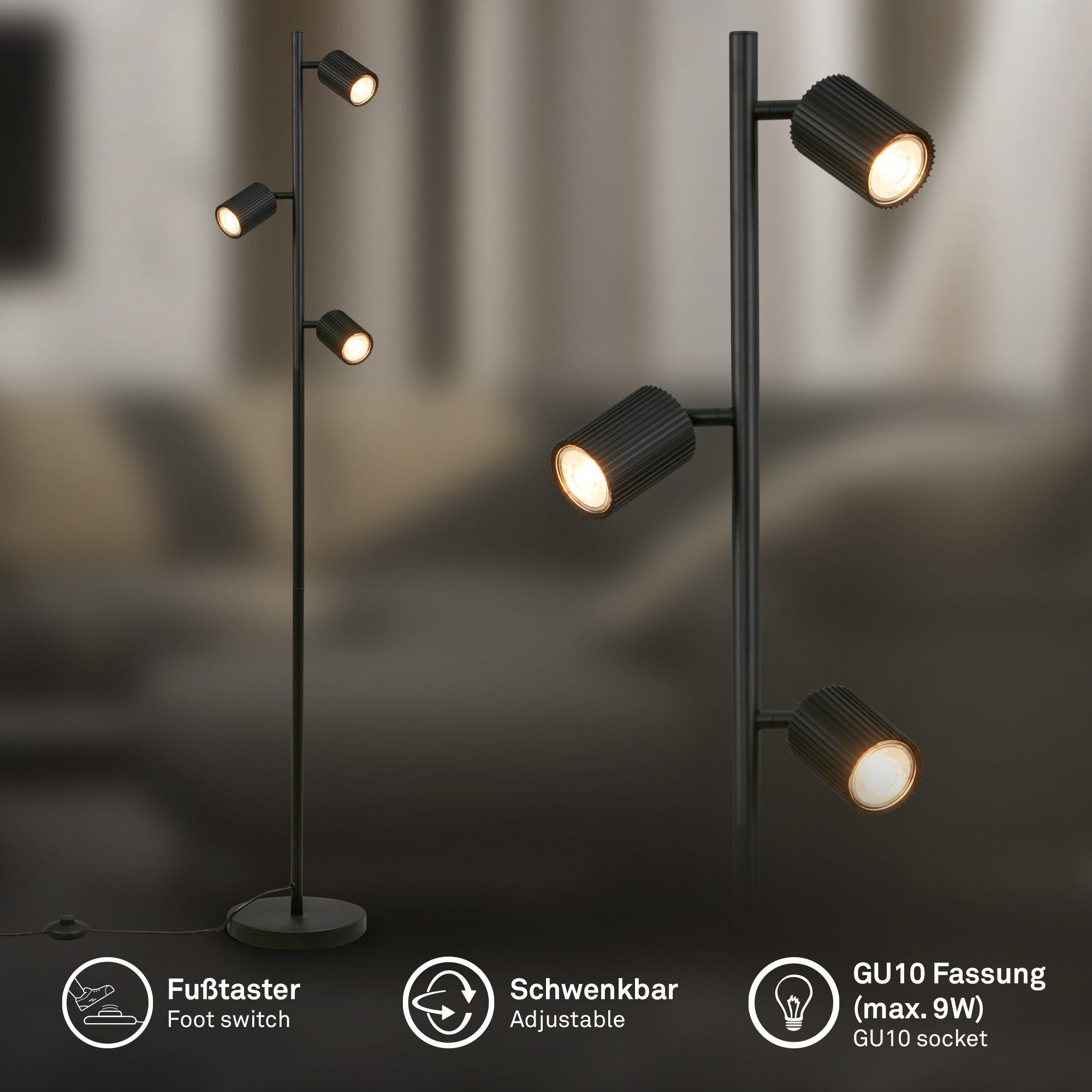 Briloner Leuchten LED Stehlampe Stehleuchte schwenkbar GU10 Riffle-Optik 3-flammig, ohne Leuchtmittel, Abhängig vom Leuchtmittel, 22x141 cm, Wohnzimmer, Schlafzimmer, Büro
