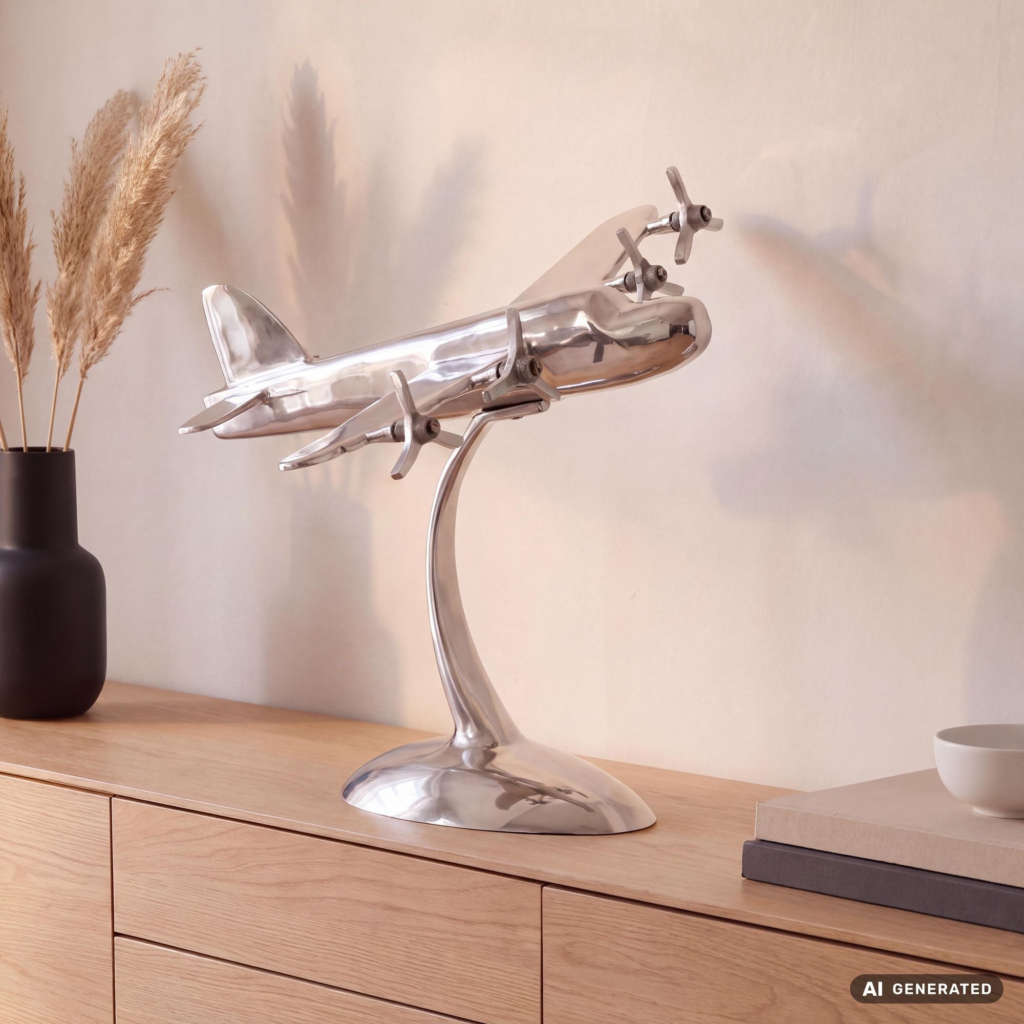 FINEBUY Dekoobjekt FB40418 Design Deko Flugzeug Propeller aus Aluminium Flieger Silber (Dekoflugzeug Aluminium Glänzend Silber 30cm Modern)