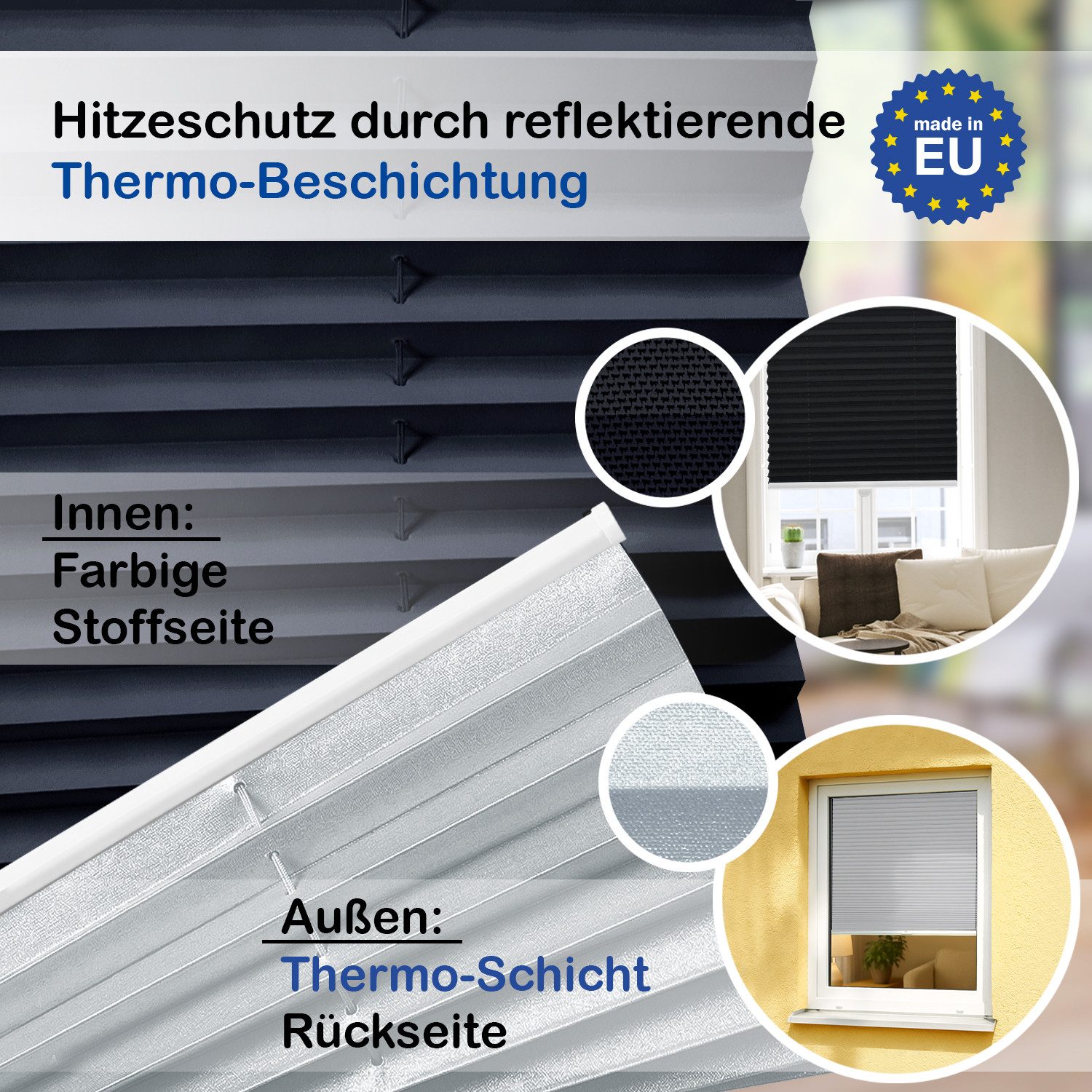 Rikmani Plissee Thermo Klemmfix ohne Bohren Schwarz 40x100 cm, blickdicht, Klemmfix, Thermo-Wärmeschutz, blickdicht, Stufenlos