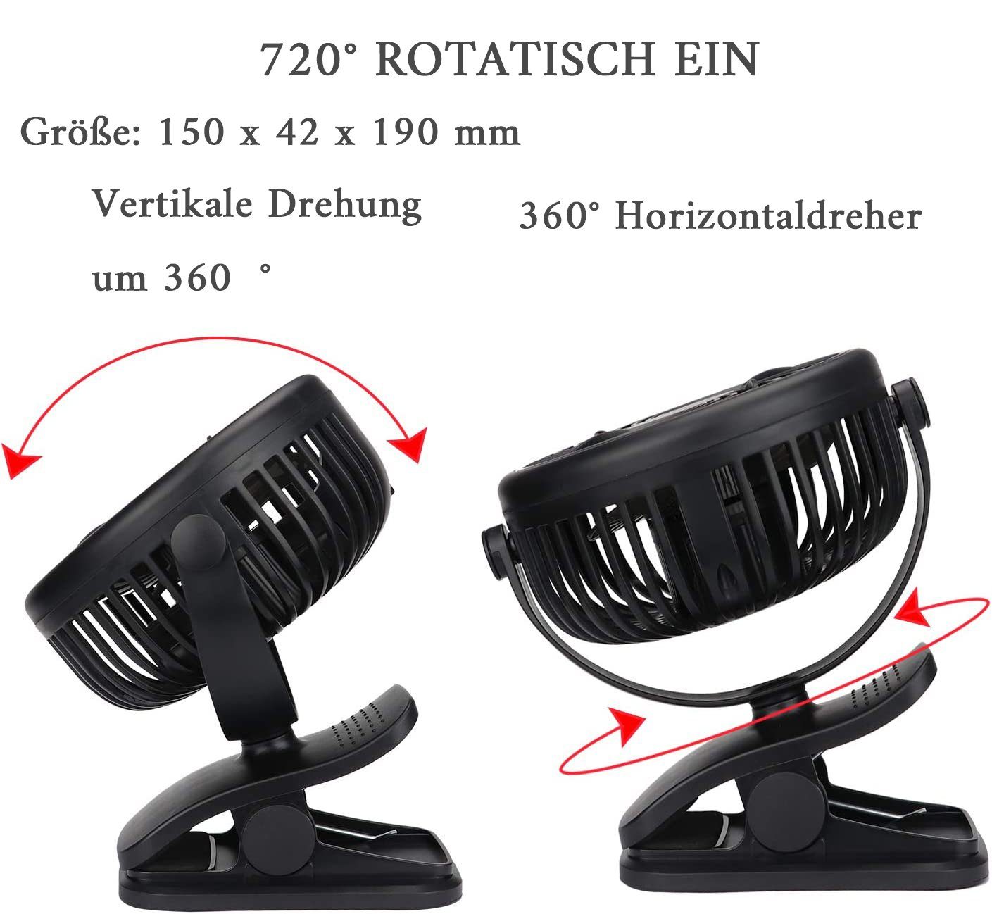 schwarz Tragbarer USB Ventilator, Clip Handventilator Mini Tischventilator GelldG