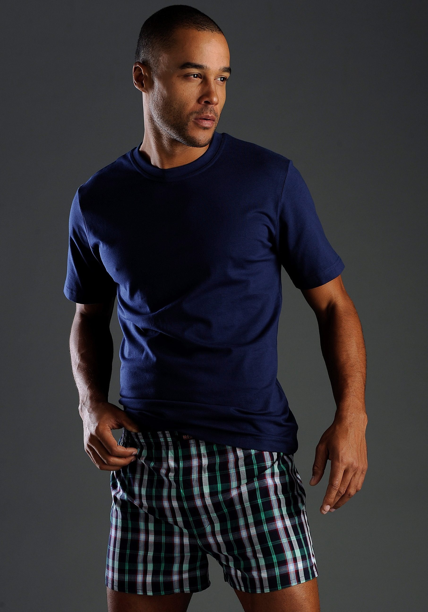 mittelblau, als Baumwolle (Packung, Unterziehshirt perfekt T-Shirt 3-tlg) aus graublau dunkelblau, H.I.S