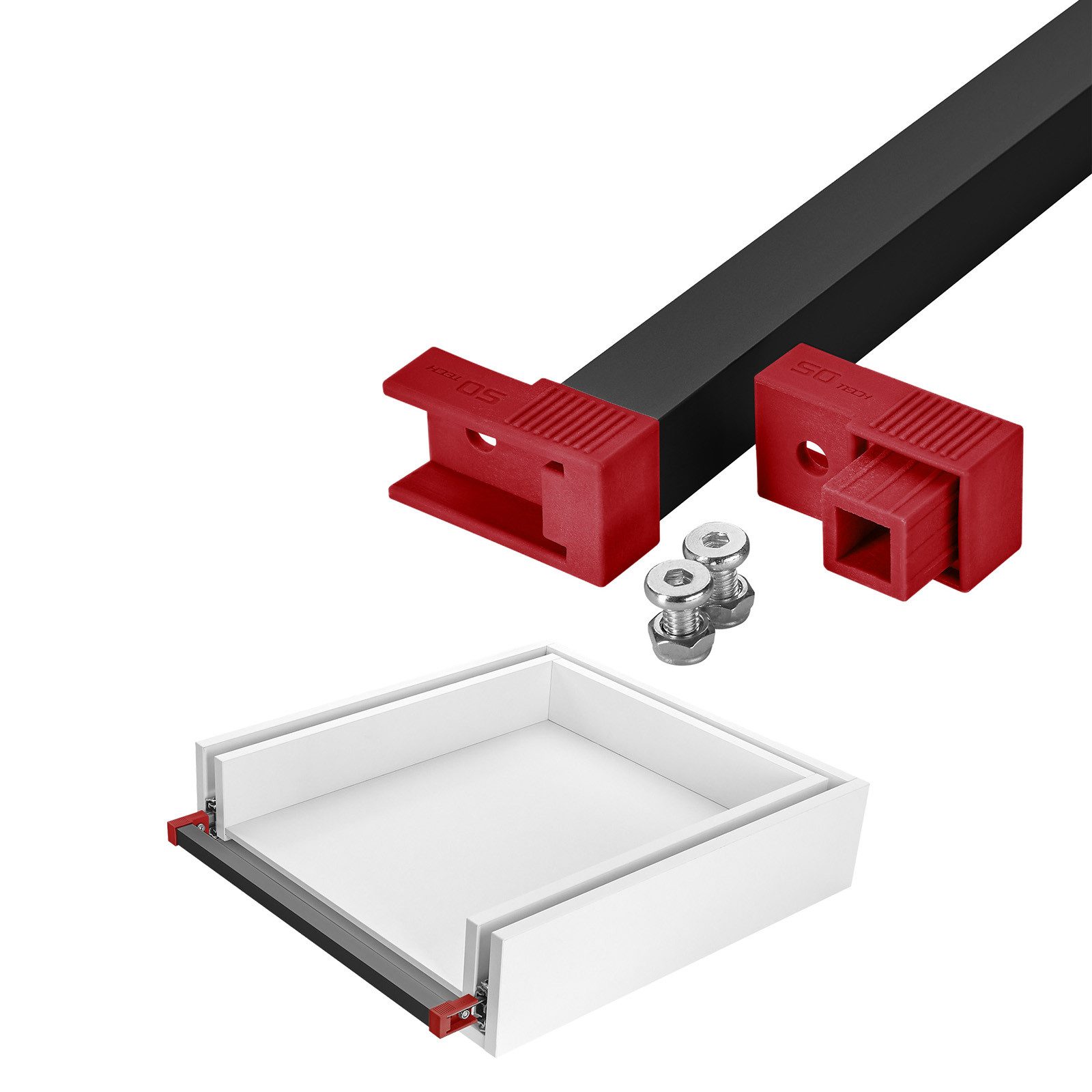 SO-TECH® Griff VarioSlide Pat. Einhandverriegelung f. Schubladen ohne Front, Breite 60 cm Schwarz mit rotem Adapter für VarioSlide Auszug