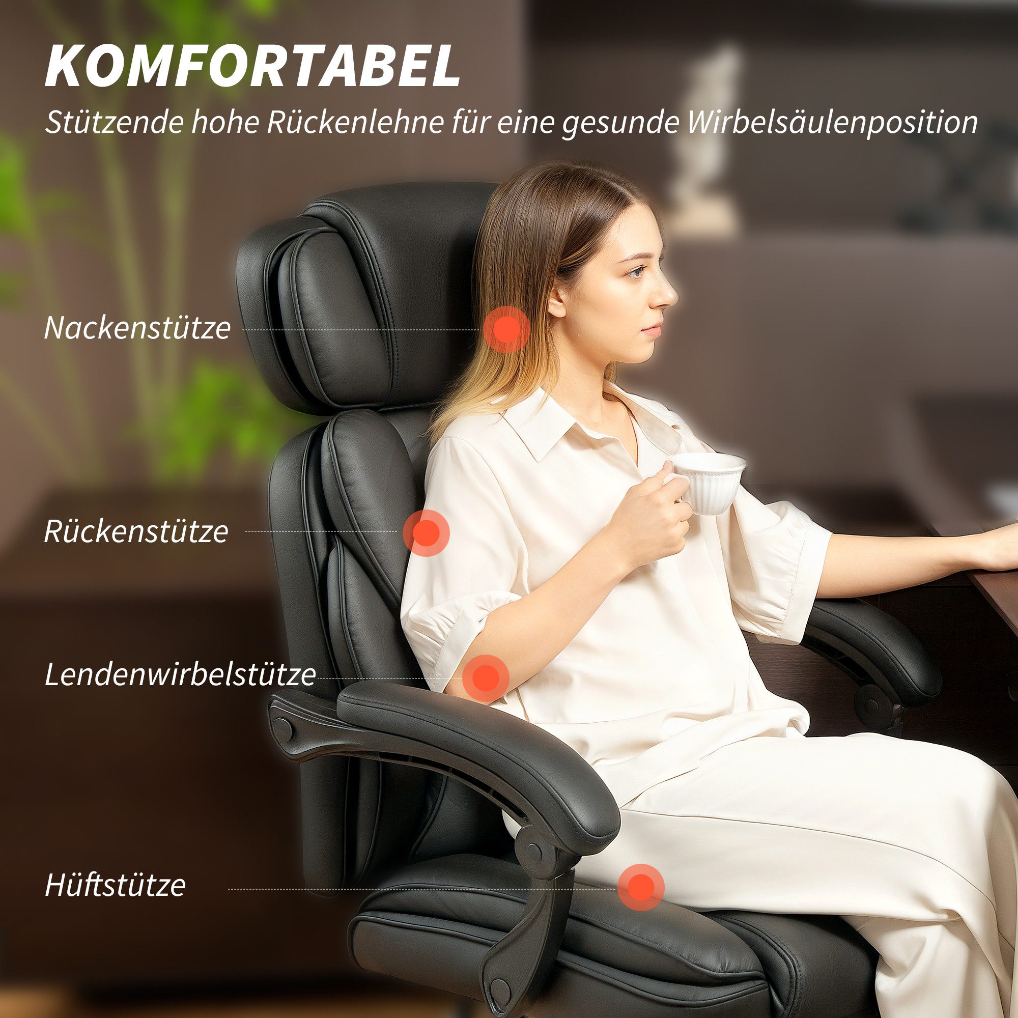 HOMCOM Schreibtischstuhl Bürostuhl mit Lendenwirbelstütze, Armlehne, Computerstuhl (Höhenverstellbarer Drehstuhl, 1 St), aus PU-Leder, Schwarz – Bild 4 von 5