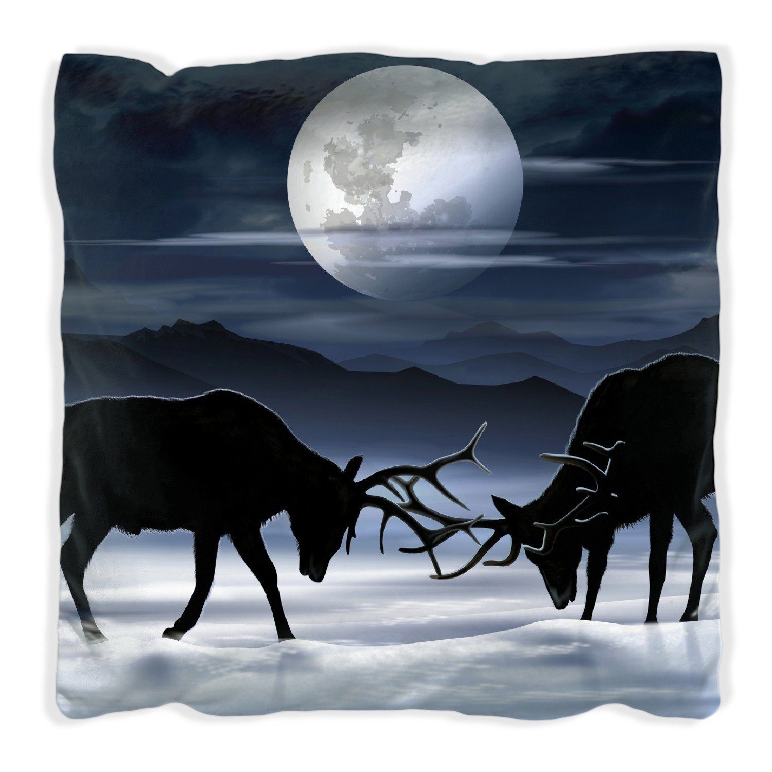 Abend, im bei Mondschein Schnee Dekokissen - Silhouette Wallario am handgenäht Elch
