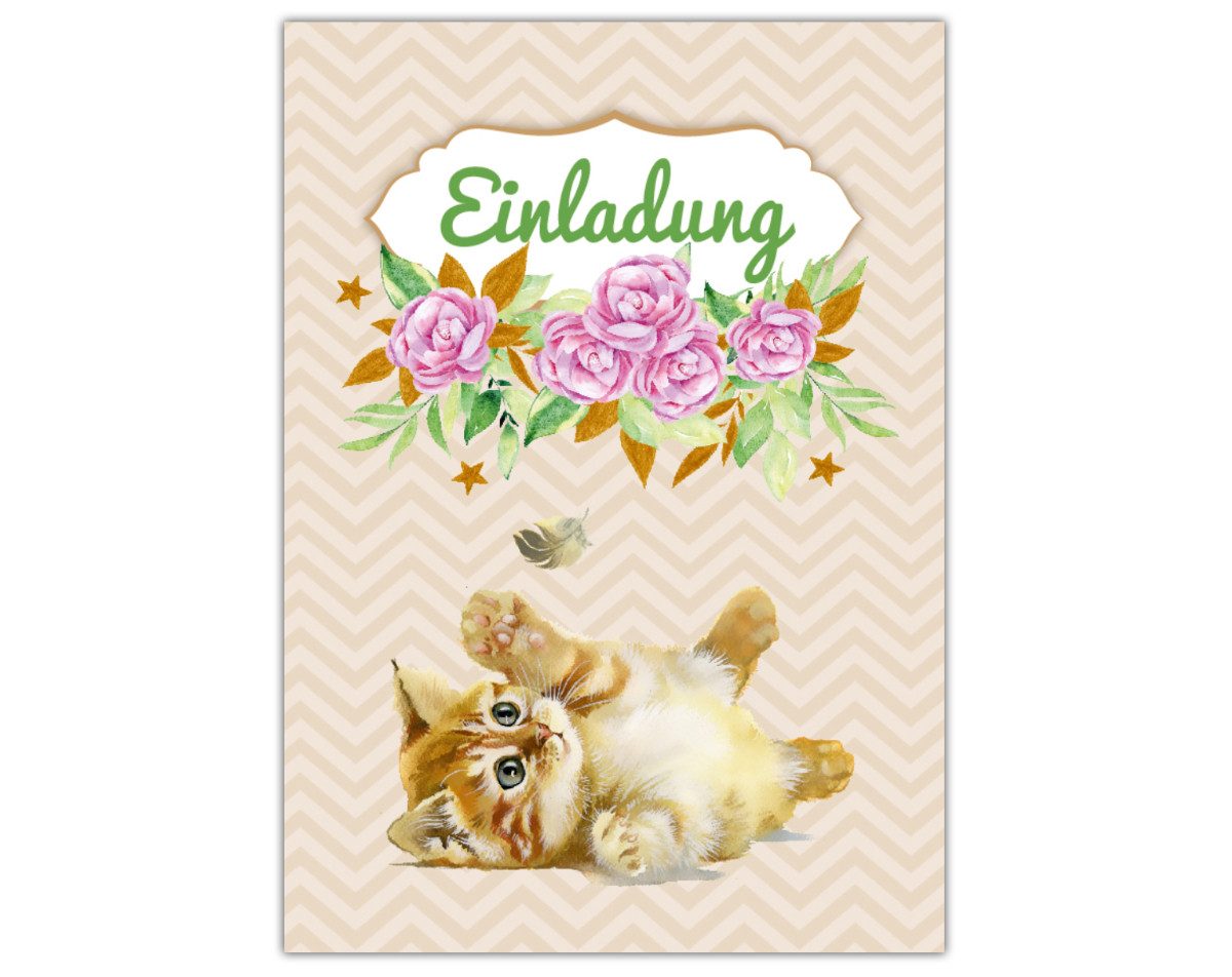 JUNAPACK Einladungskarten Katzen Einladungen zum Kindergeburtstag Katzen Karten Mädchen, Einladungskarten mit Katzen zum Kindergeburtstag Blumen