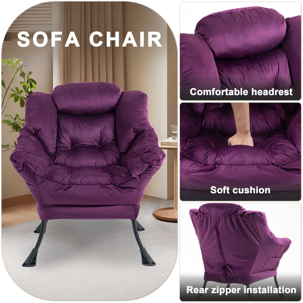 BBG Relaxsessel Lazy Chair Relaxsessel mit Metallgestell & Seitentasche, Bequemer Polstersessel mit Samtbezug, Loungesessel