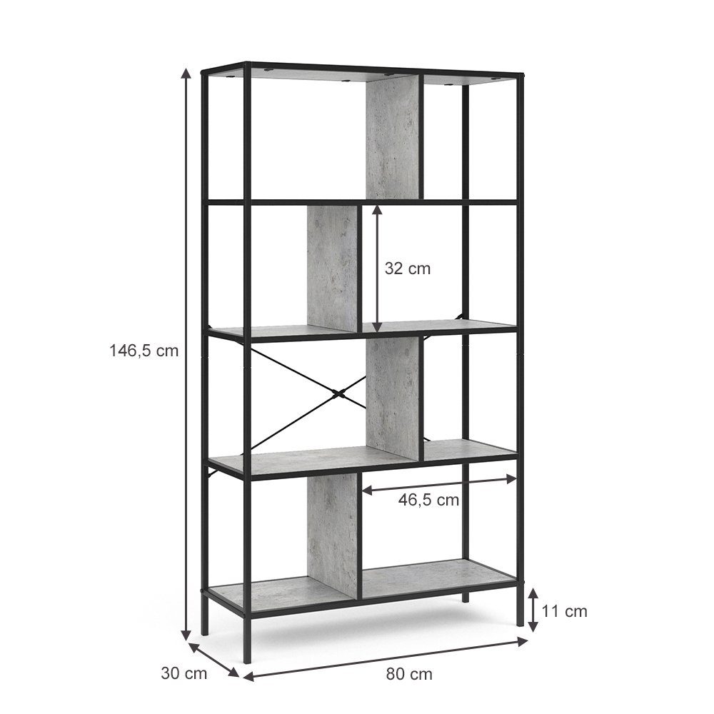 Vicco Raumteilerregal Fyrk, Beton/Schwarz, 80 x 146 cm, 1-tlg.