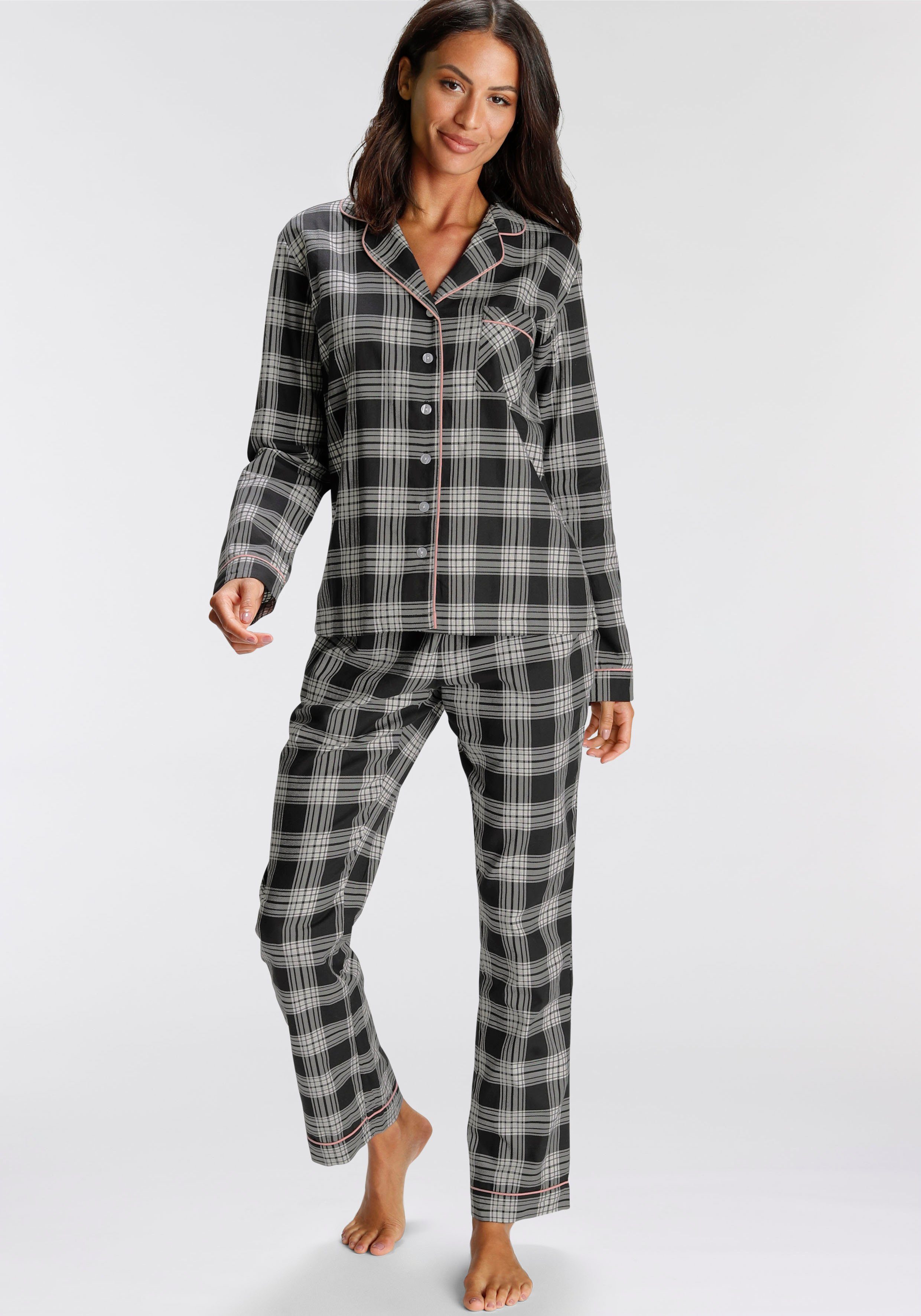 H.I.S Pyjama (Set, 2 tlg) aus Flanell mit Allover-Karomuster schwarz-weiß