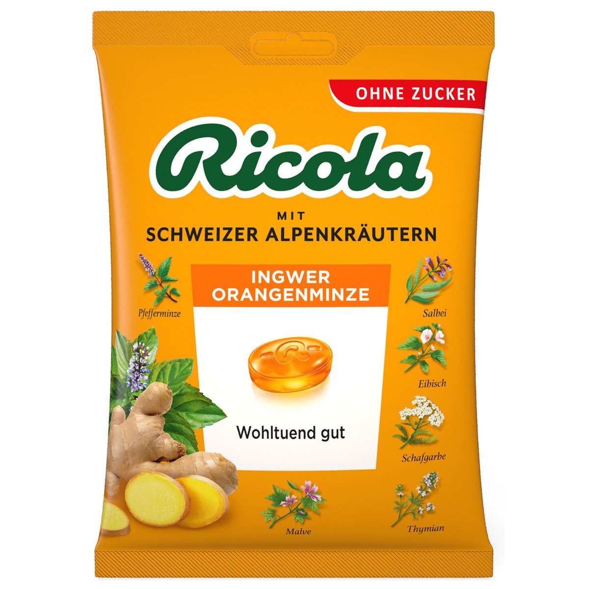 RICOLA Süßigkeit, Ricola Ingwer Orangenminze mit Schweizer Alpenkräutern ohne Zucker 75g