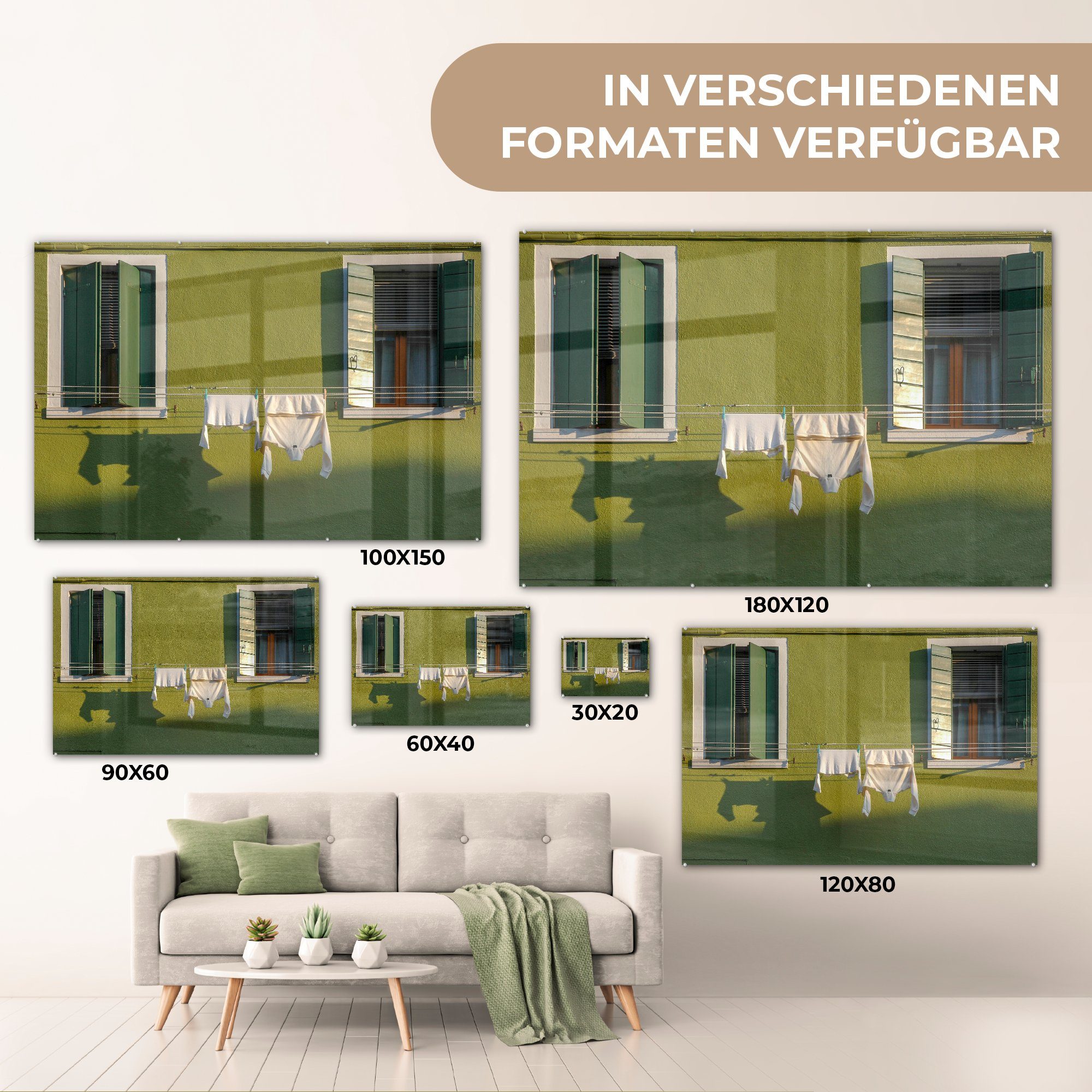 Wohnzimmer & Grüne MuchoWow Wand, Wäscheleine Schlafzimmer Acrylglasbilder St), an mit der Acrylglasbild Fensterläden (1