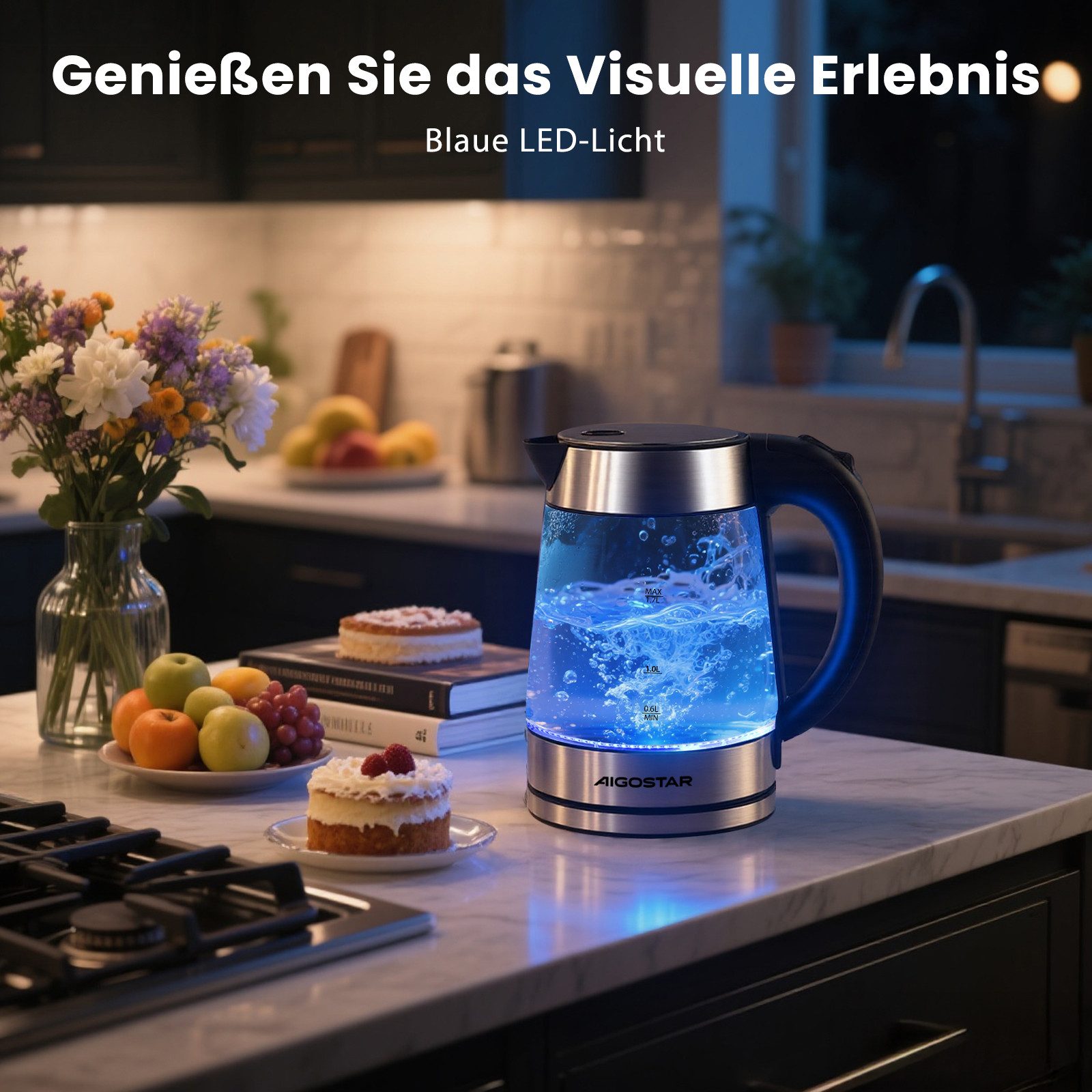 Aigostar Wasserkocher Chubby - Glaswasserkocher mit LED Beleuchtung, Auto-off, BPA frei, 1.7 l, 2200,00 W, Edelstahl