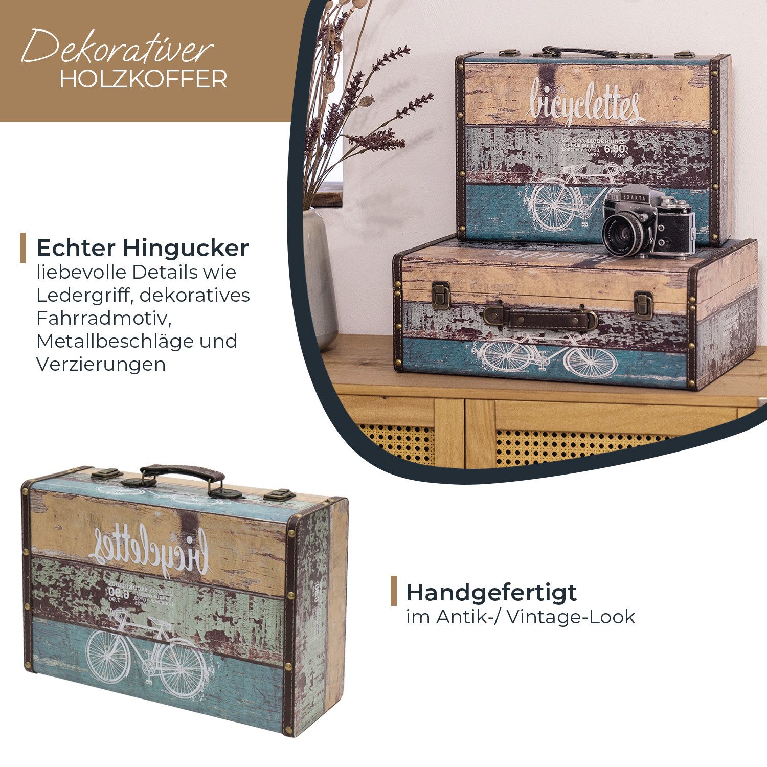 HMF Aufbewahrungsbox Handgefertigter Vintage Koffer aus Holz, Deko Koffer, Geschenkkoffer im Fahrrad Design, 38 x 26 x 13 cm