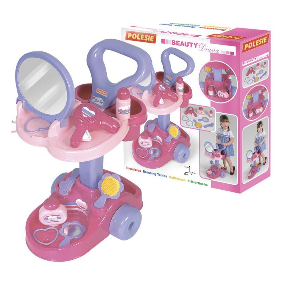 Polesie Spielzeug-Frisierkoffer Kinder Friseursalon-Wagen, 36629 mit Spiegel, Kamm, Föhn, Parfum, Bürste