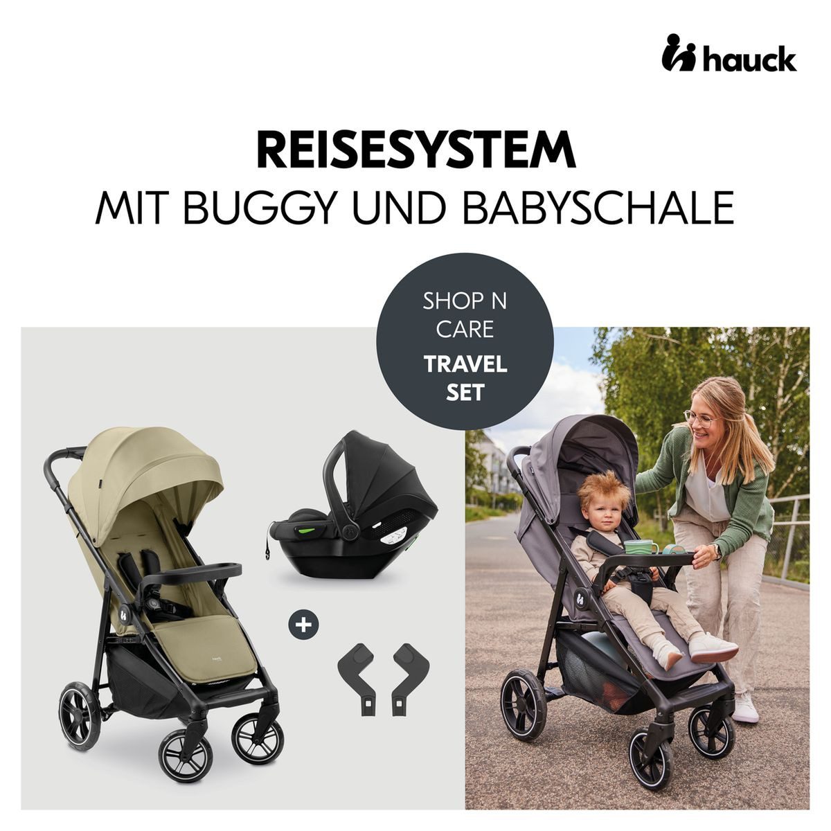 Hauck Kinder-Buggy Shop N Care 2in1 - Olive, Kinderwagen Sportwagen Set inkl. Babyschale bis 22 kg klein faltbar