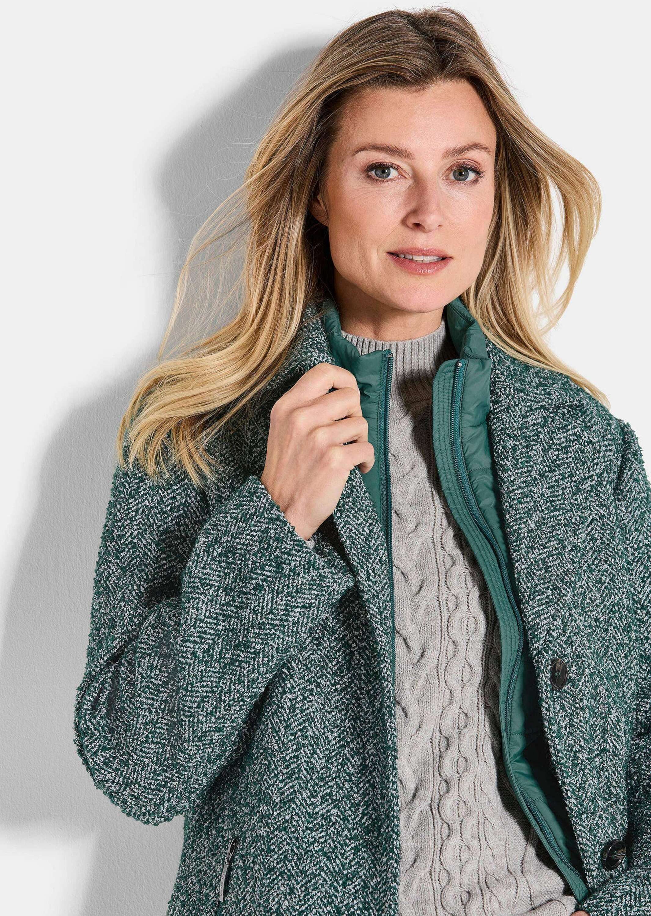 GOLDNER Outdoorjacke Moderne Wolljacke mit Steppeinsatz Wintermantel mit Fischgratmuster, Reverskragen und Langarm