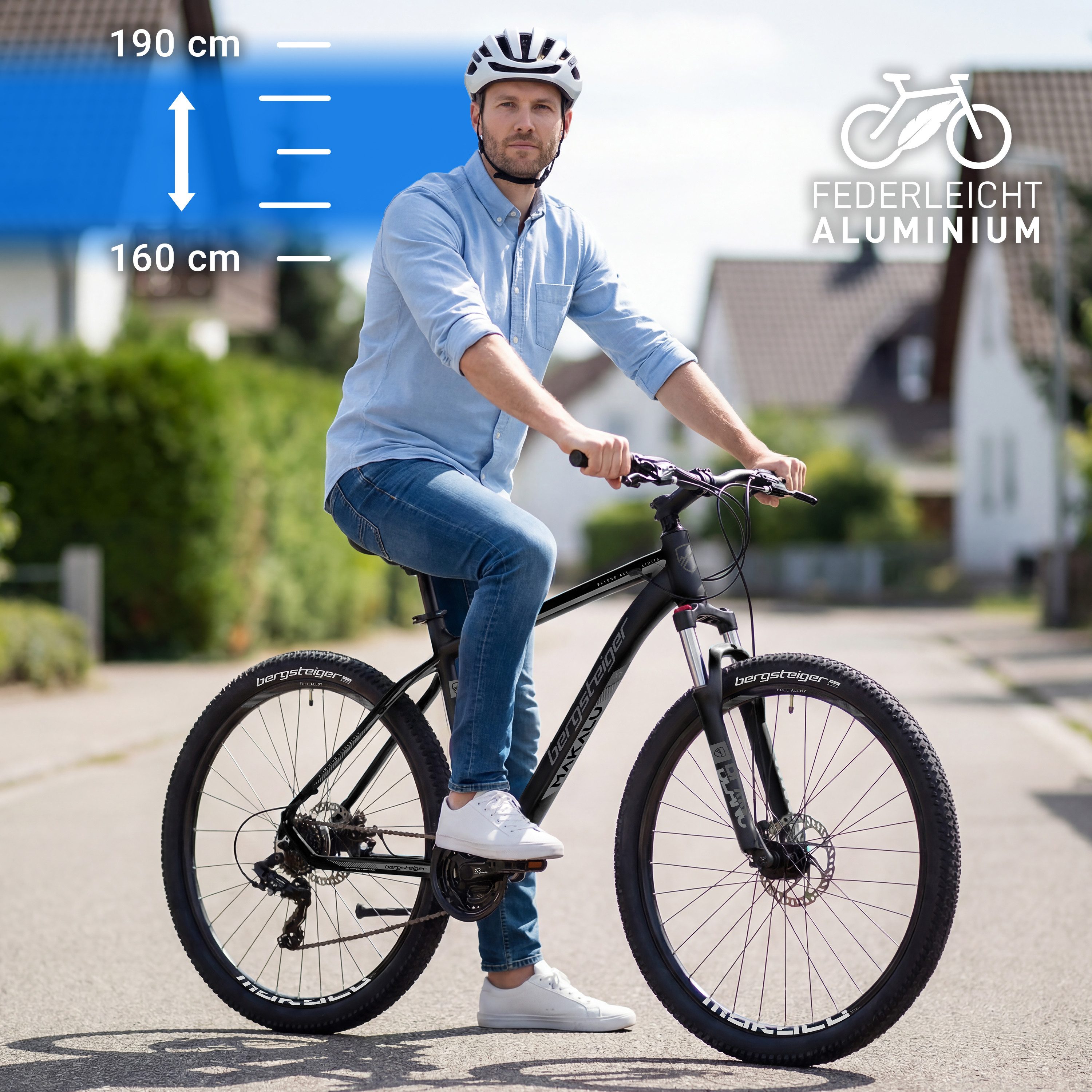 bergsteiger Mountainbike Makalu 26, 29 Zoll Mountainbike Alu, geeignet ab 150 cm, Damen, Herren, 21 Gang Shimano Tourney RD-TY300 Schaltwerk, Kettenschaltung, Scheibenbremsen