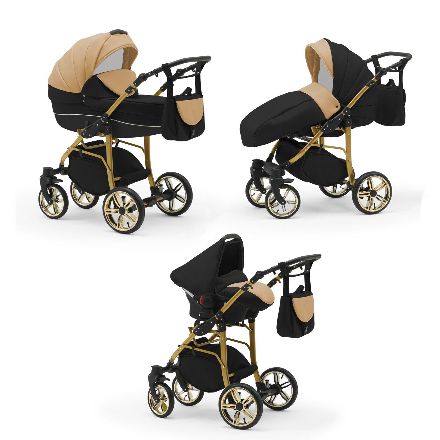 babies-on-wheels Kombi-Kinderwagen 3 in 1 Kinderwagen-Set Cosmo Gold- 16 Teile - in 46 Farben Schwarz-Beige