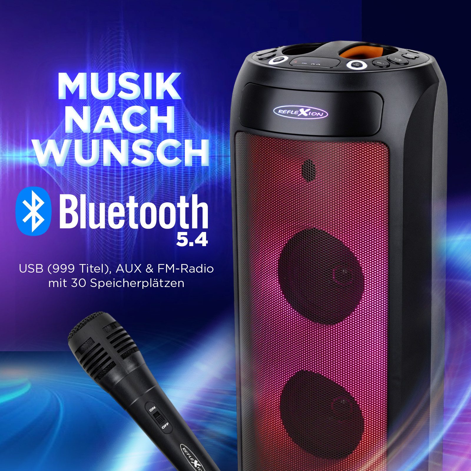 Reflexion PSX30BT Lautsprecher mit LED-Flammenlicht Bluetooth-Lautsprecher (Bluetooth, 240 W, Bluetooth, Radio, Karaoke, Disco-Licht Effekte, Equalizer)