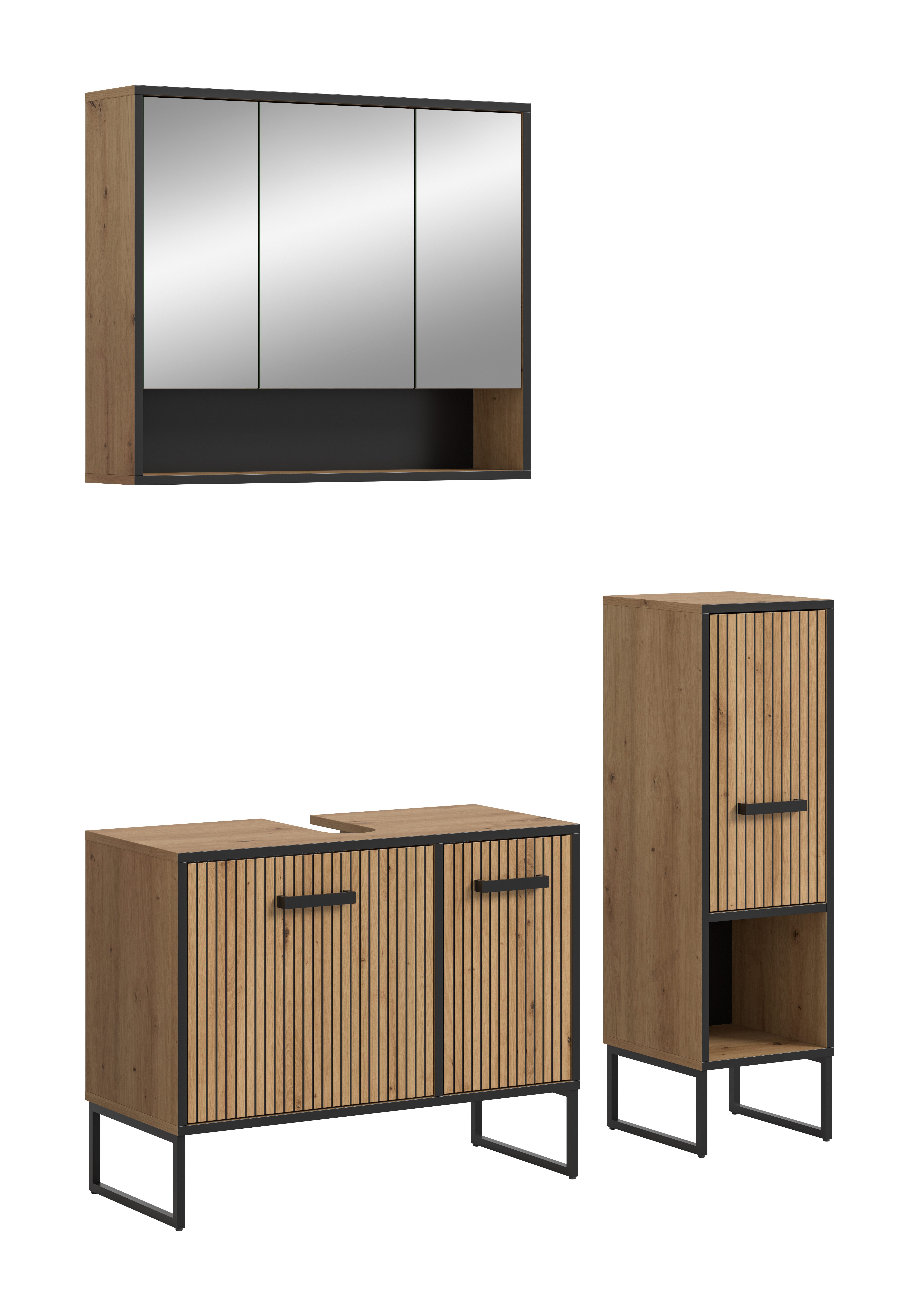 furnling Badmöbel-Set Benno, (3-St., aus Spiegelschrank, Standschrank, Waschbeckenunterschrank), in trendiger Rillenoptik, mit Siphon-Ausschnitt, Breite 125 cm