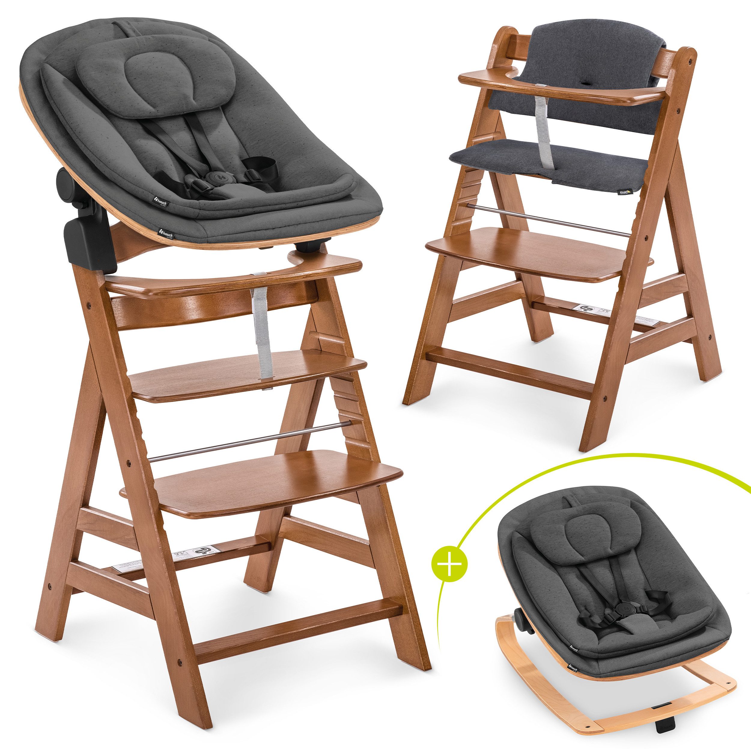 Hauck Hochstuhl Alpha Plus Newborn Set Eco - Walnut, Holz Babyhochstuhl ab Geburt inkl. Neugeborenenaufsatz & Sitzauflage