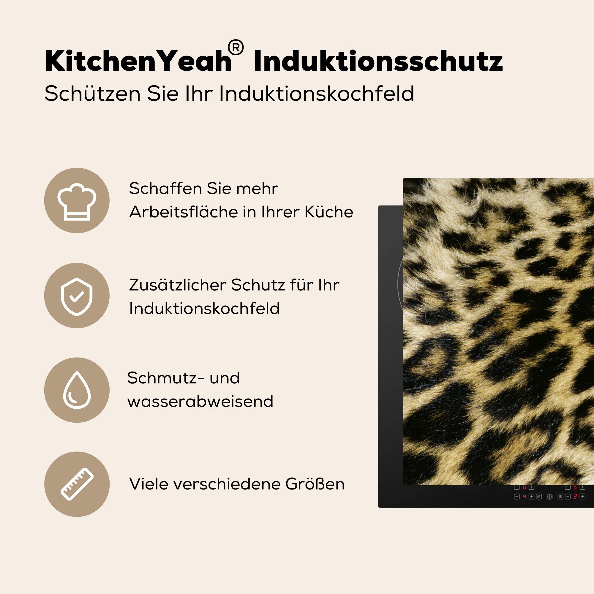 MuchoWow Herdblende-/Abdeckplatte für küche, Leopard Vinyl, 81x52 Schutz cm, - Induktionskochfeld Fell Ceranfeldabdeckung Haar, (1 tlg), - die
