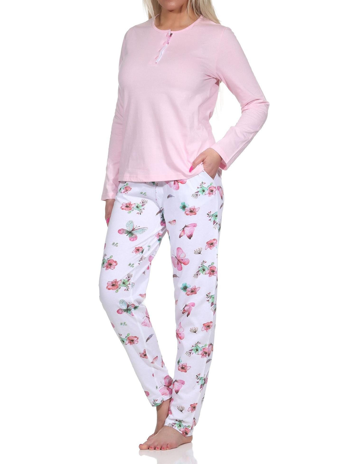 Normann Pyjama Damen Schlafanzug lang mit Pyjamahose in floralem Schmetterlings Look