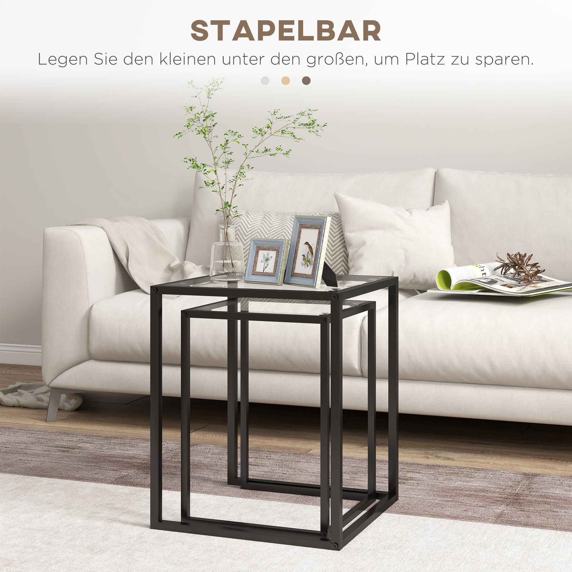 HOMCOM Beistelltisch Nachttisch Couchtisch stapelbar, mit Beinen aus Stahl, modern (Wohnzimmertisch, 2-St., Kaffeetisch), für Wohnzimmer, Schlafzimmer, Schwarz – Bild 4 von 5