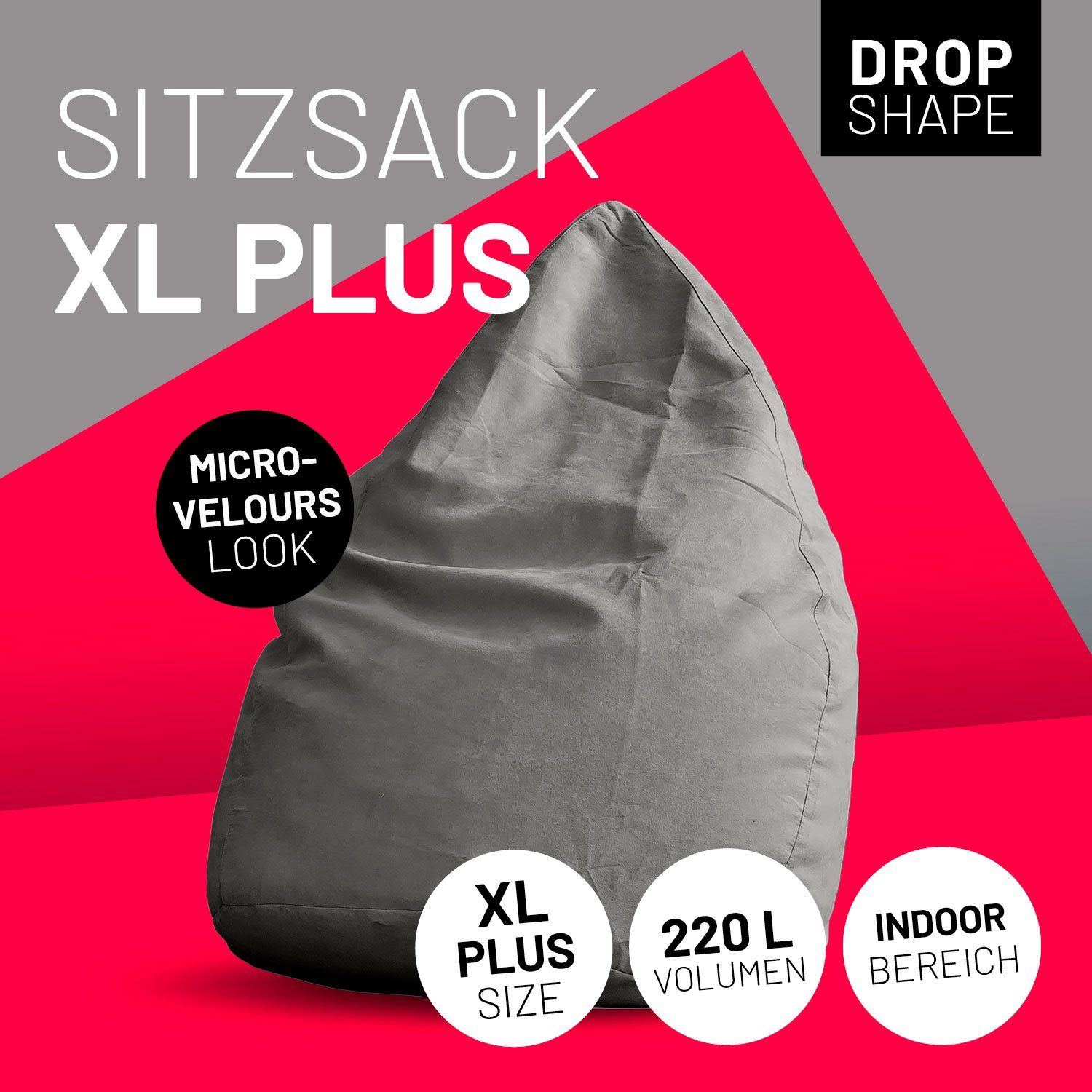Lumaland Sitzsack Luxury XL PLUS Sitzkissen Bodenkissen Bean Bag,  Microvelours weich 220L robust waschbar 85x65cm