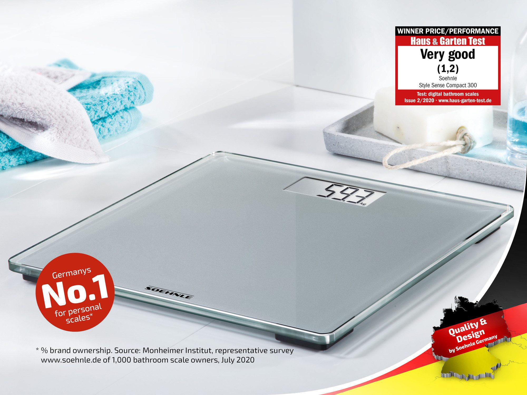 Soehnle Personenwaage Style Sense Compact 300, 1-tlg., LCD-Anzeige, flaches Design, bis 180kg, kg/lb/st, inkl. Batterien