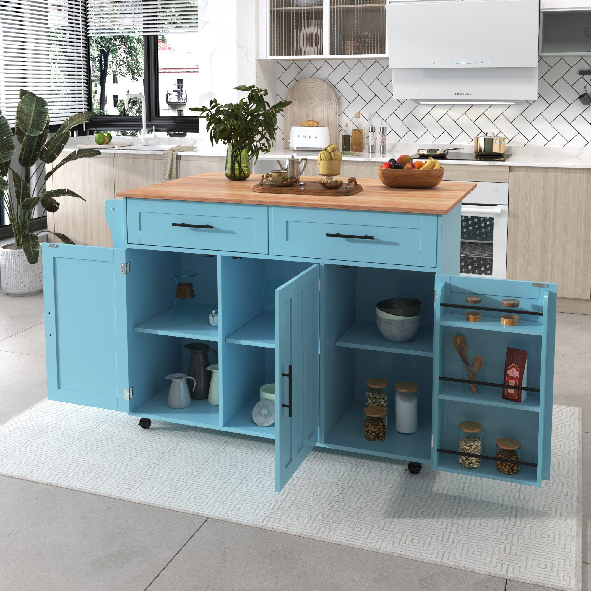 IDEASY Кухниinsel Speisewagen/Sideboard, Кухниwagen, mit 2 Schubladen, Aufbewahrungstür-Design, 121 x 76 x 91,5 cm