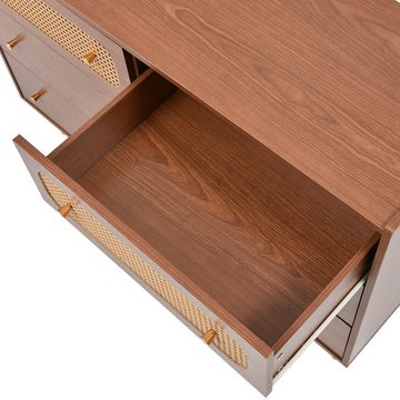 Celya Sideboard Schubladenschrank mit Rattanrand Schubladen, verstellbare Regale, H90, Massivholz+Spanplatte+Metall, 6 Schubladen