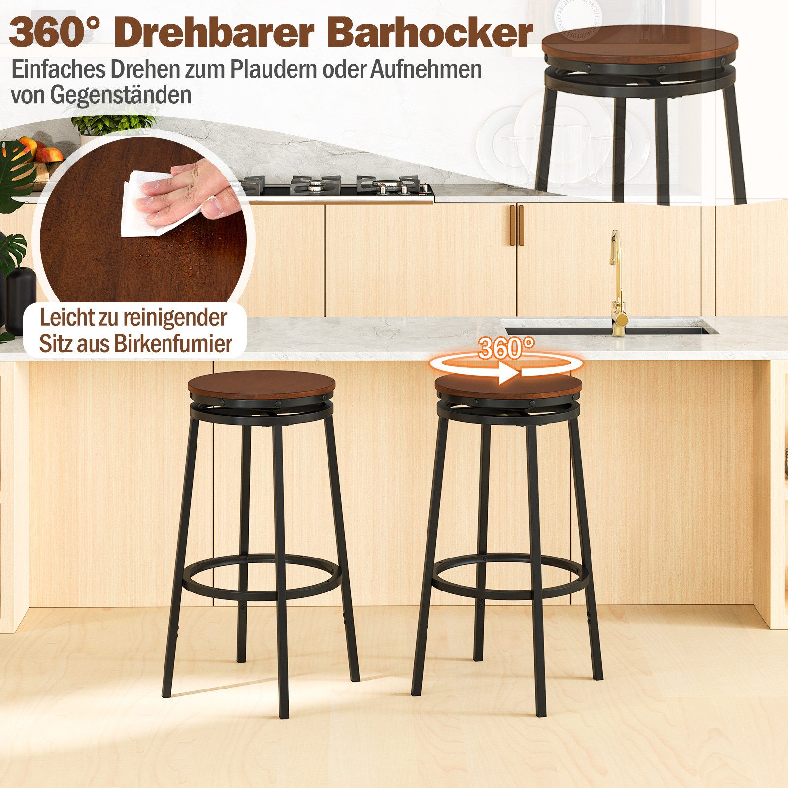 COSTWAY Barhocker (2er Set), drehbar, Küchenhocker mit 2 Höhen&Fußstützen