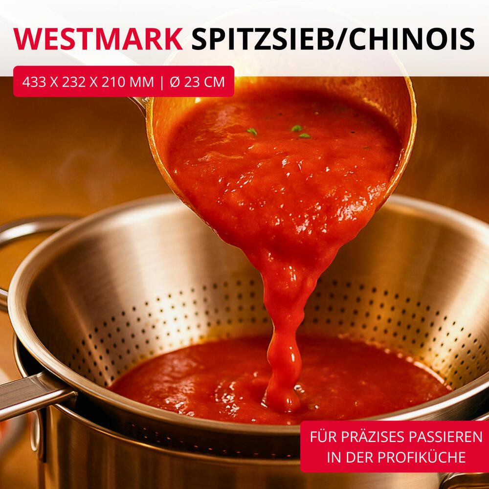 WESTMARK Küchensieb Chinois Pro – Feines Passiersieb mit Rundum-Lochung, Ø 23 cm, Edelstahl, spülmaschinengeeignet, vielseitig – Bild 4 von 5