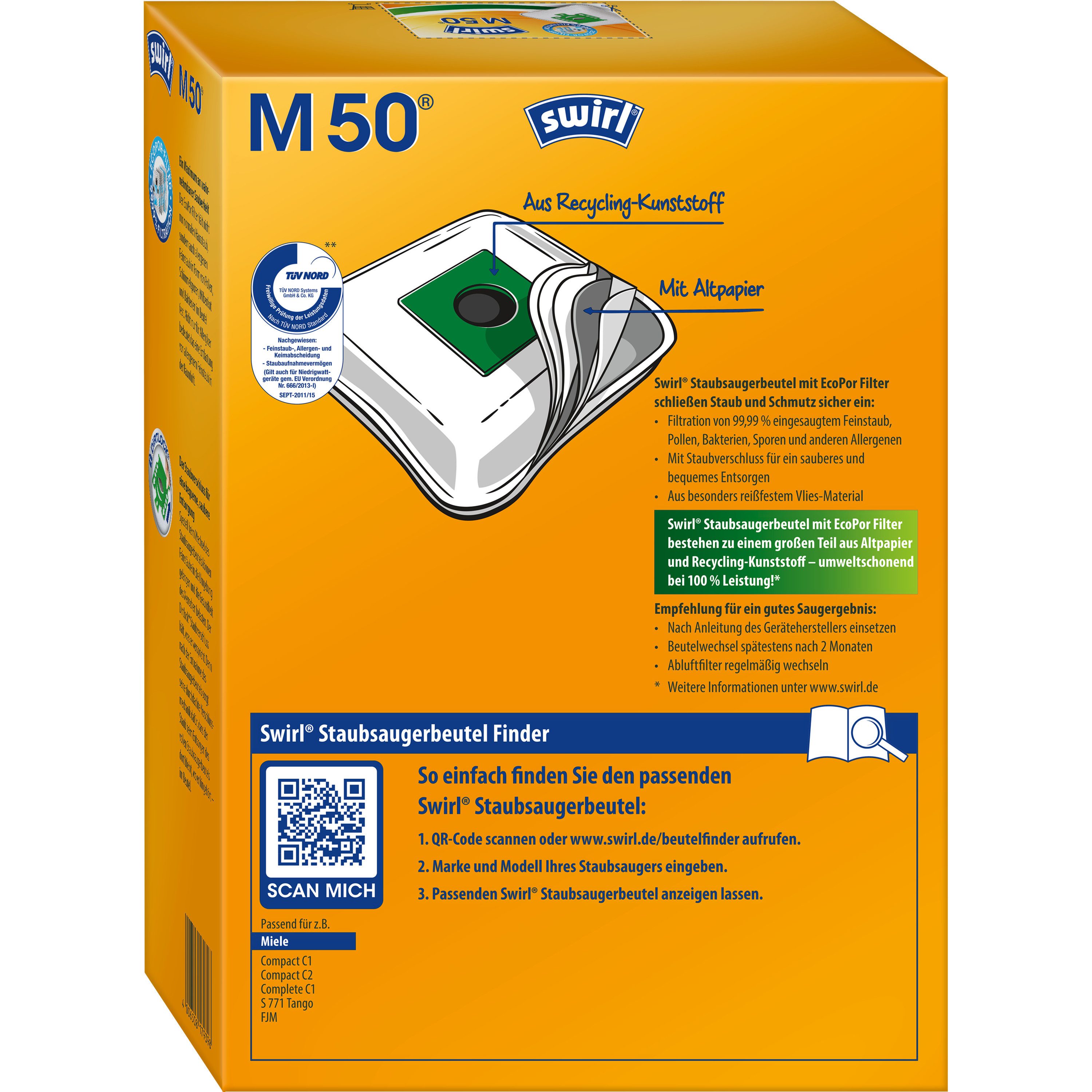 Swirl Staubsaugerbeutel SWIRL Staubsaugerbeutel M 50 EcoPor 3er-Pack 12 Beutel 3 Airfilter, passend für Miele