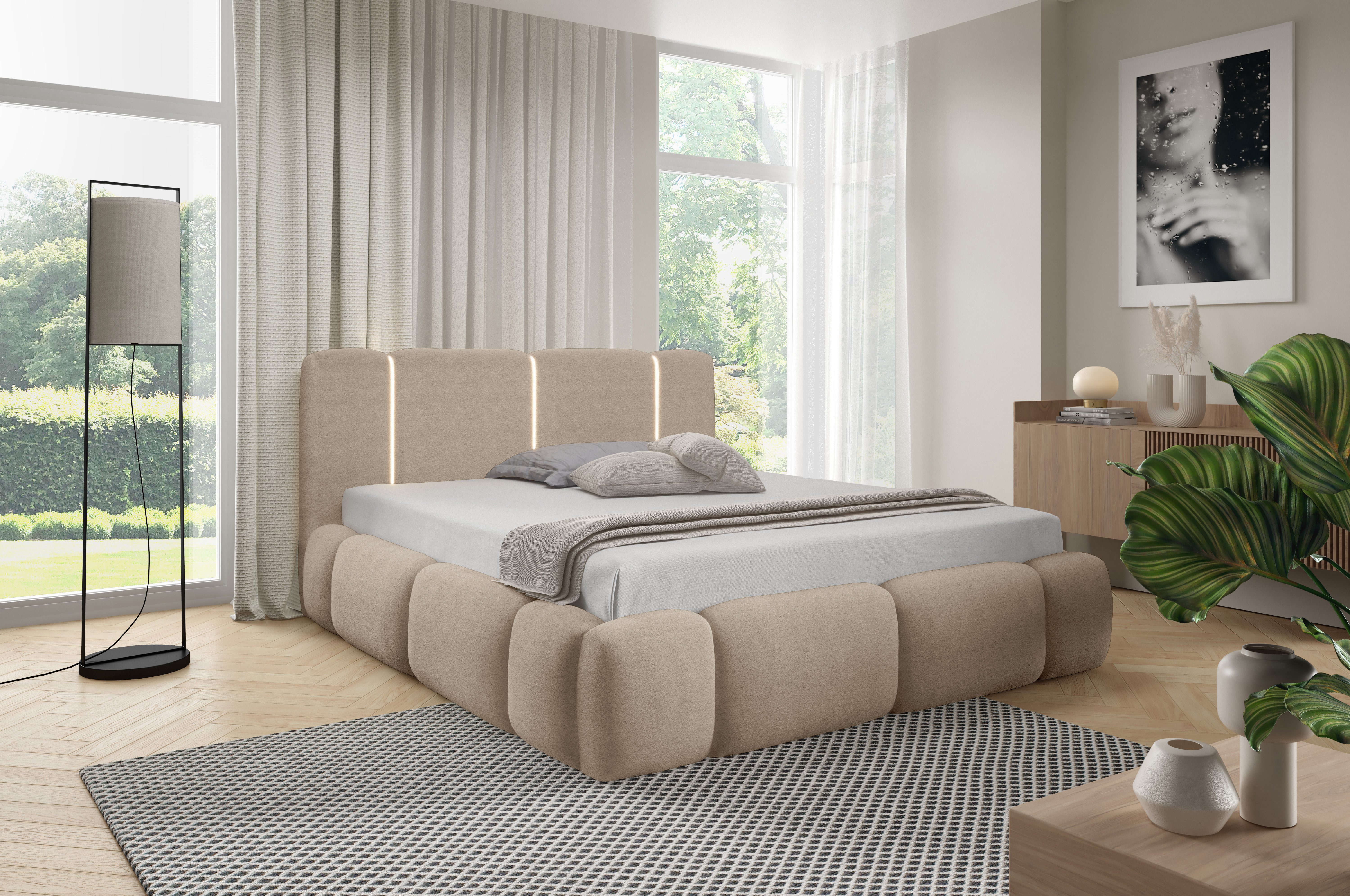 yourhouse24 Polsterbett Design-Bett – Futuristischer Look mit LED-Licht, Bubble-Optik & Japandi