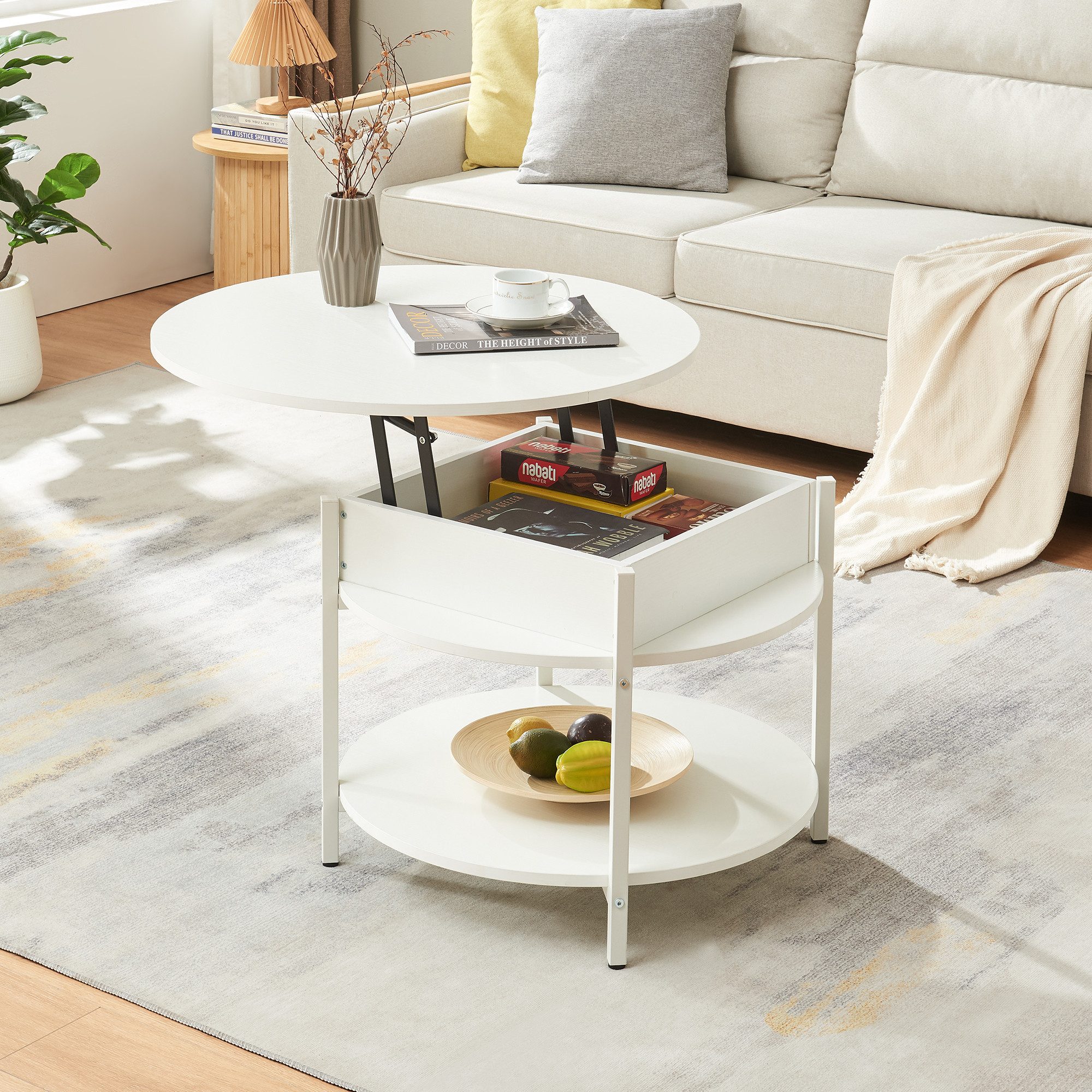en.casa Couchtisch, »Kandas« mit Hebeplatte rund 70 x 49 cm Weiß