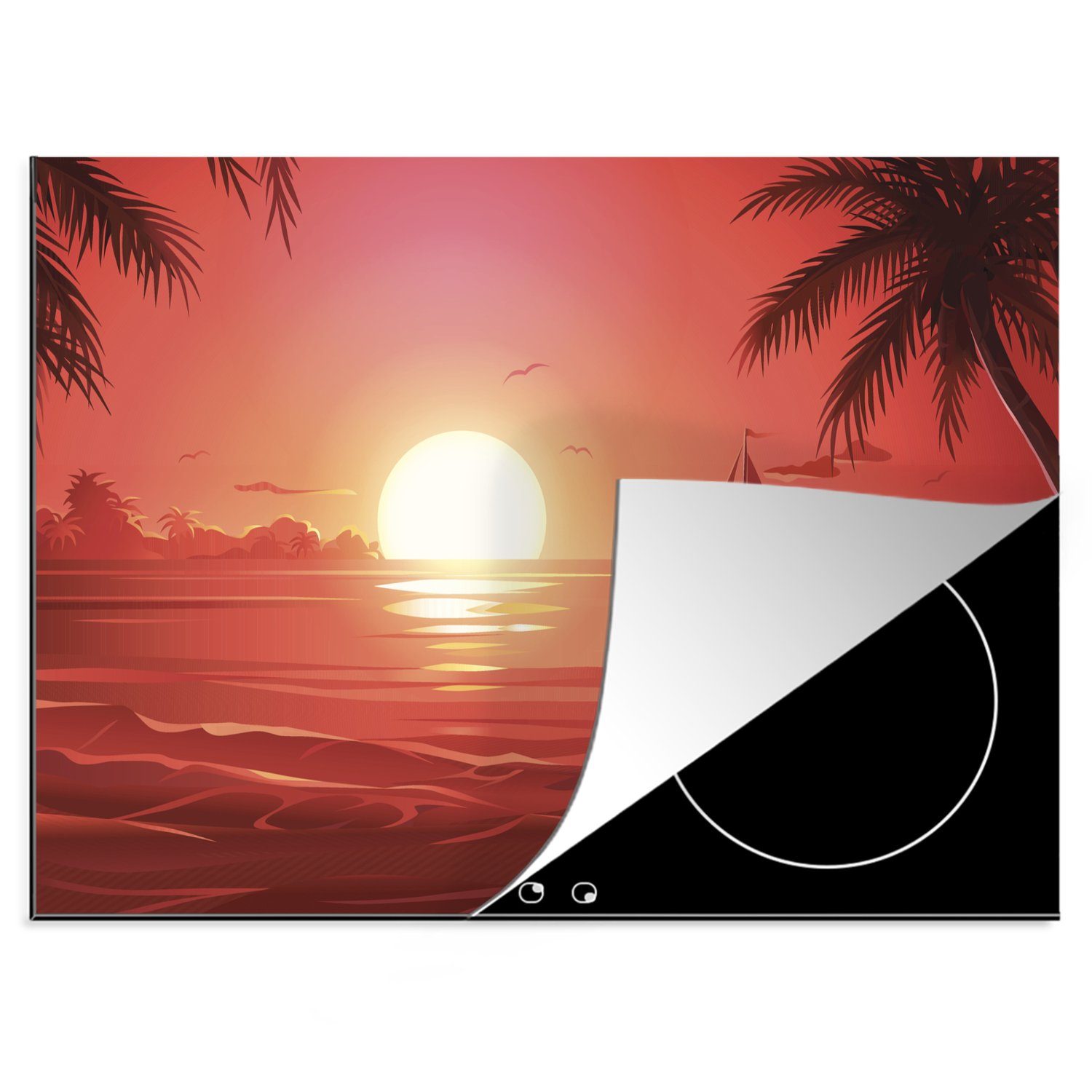 MuchoWow Herdblende-/Abdeckplatte Tropische Illustration eines Bootes bei Sonnenuntergang, Vinyl, (1 tlg), 70x52 cm, Mobile Arbeitsfläche nutzbar, Ceranfeldabdeckung