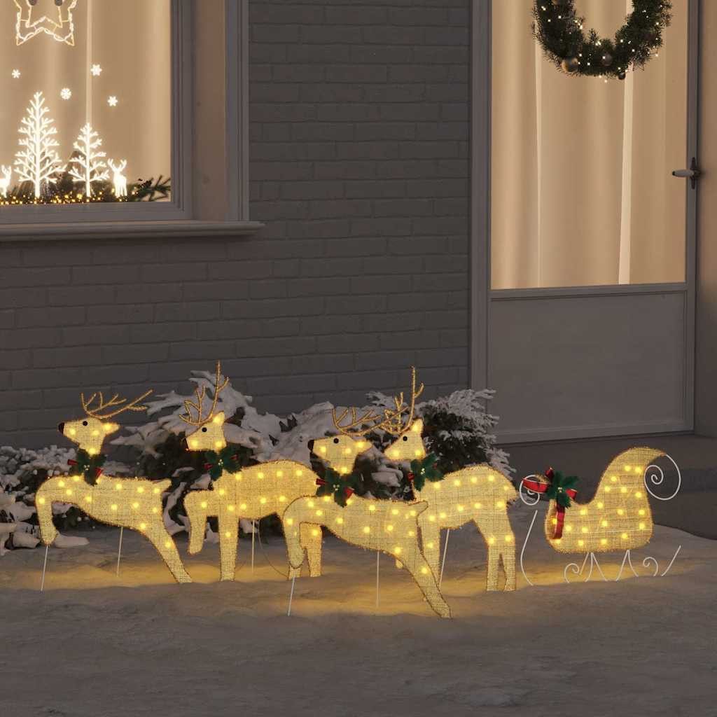 vidaXL Weihnachtsszene, LED Rentiere 5 pcs Gold Stoff