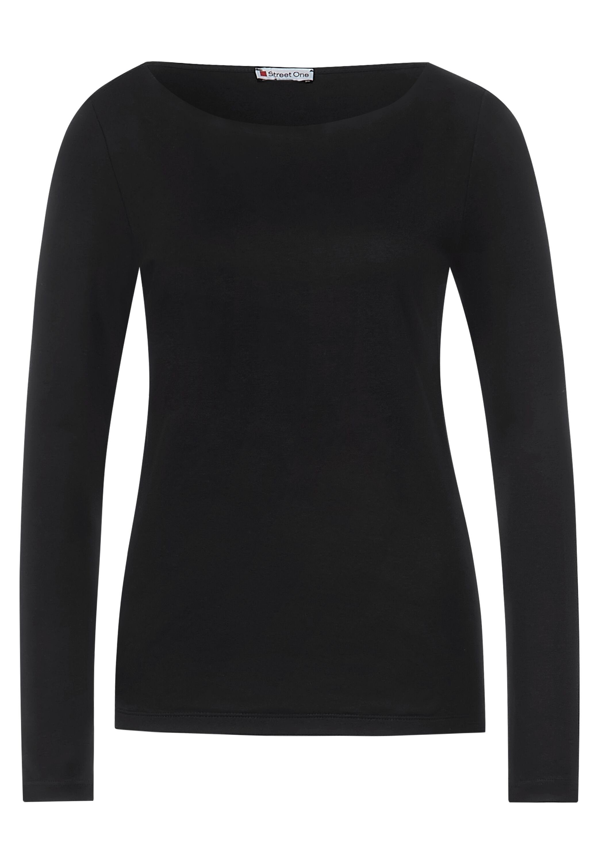 STREET ONE (1-tlg) in Körpernah Langarmshirt One mit Ausschnitt U-Boot Black Shirt Street geschnitten