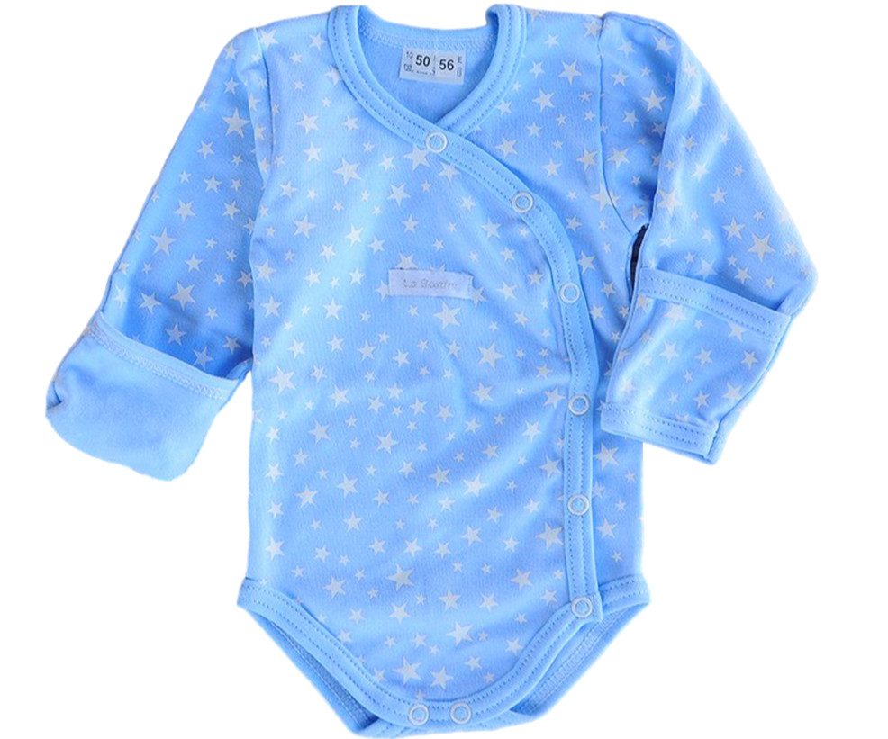 La Bortini Langarmbody Baby Body Wickelbody in Blau mit Sternen aus reiner Baumwolle, 44 50 56 62 68 74 80 86