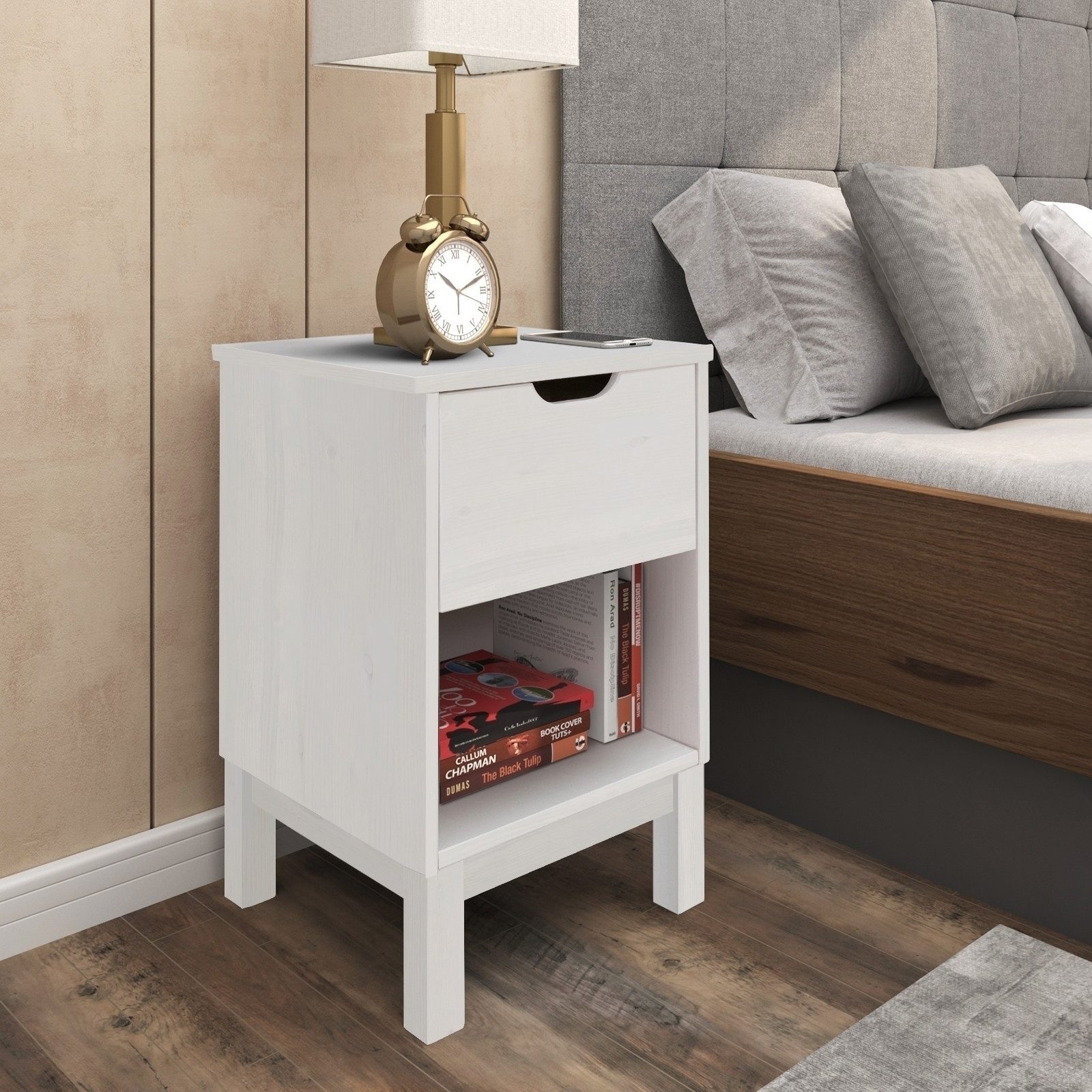 freiraum Nachtkommode Nachtkommode >Poznan< 1 Schublade in Weiß / Honig, Kiefer/MDF - 38x59x, in Weiß, Kiefer/MDF - 38x59x35cm (BxHxT)