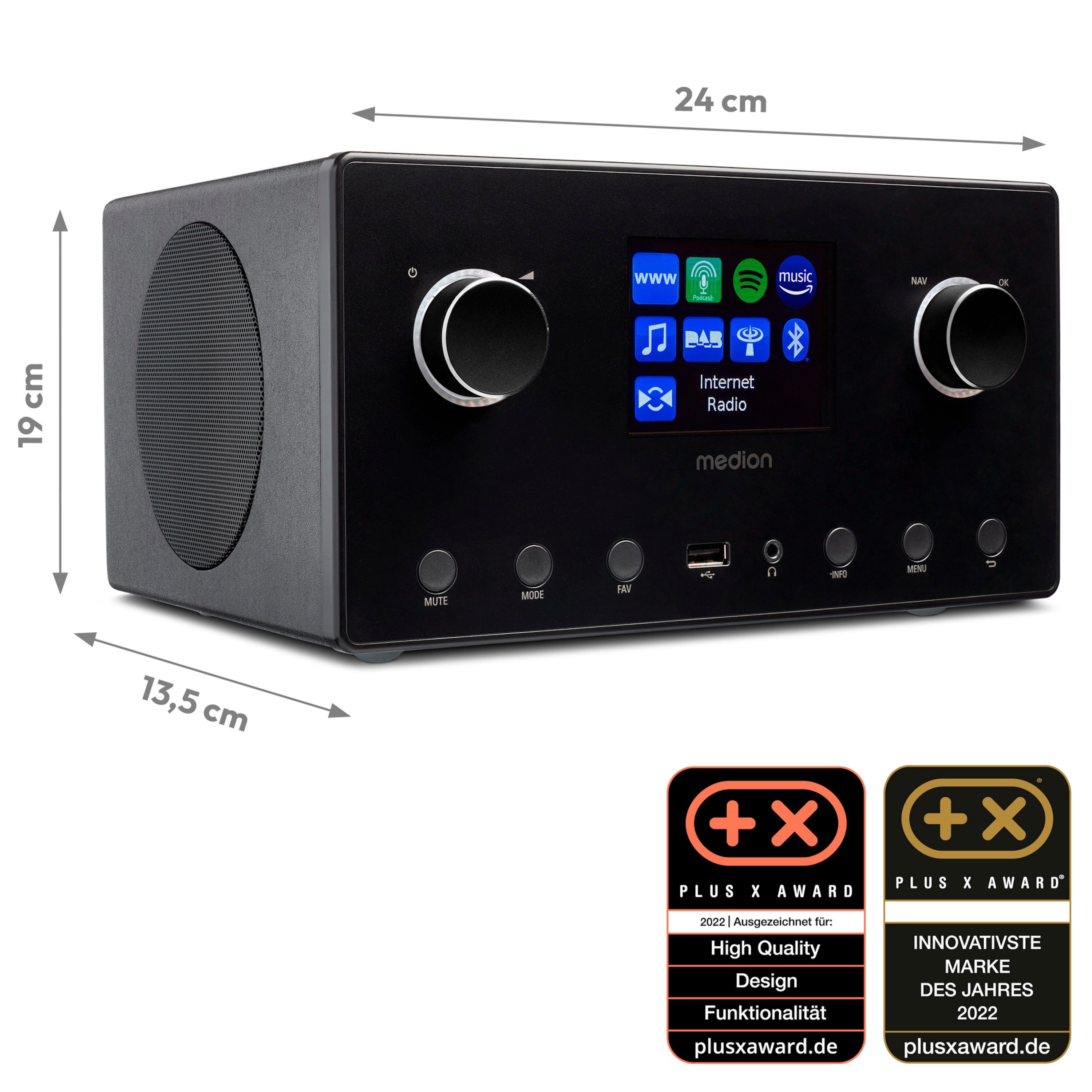 Medion® Internetradio MEDION® LIFE® P85444 (MD89295) Radio (Amazon Music, MW/UKW, DAB+, Spotify, WiFi, AM/FM, 30 W, DAB+ UKW Radio, WLAN, Bluetooth, 8,1 cm (3,2) TFT-Farbdisplay)