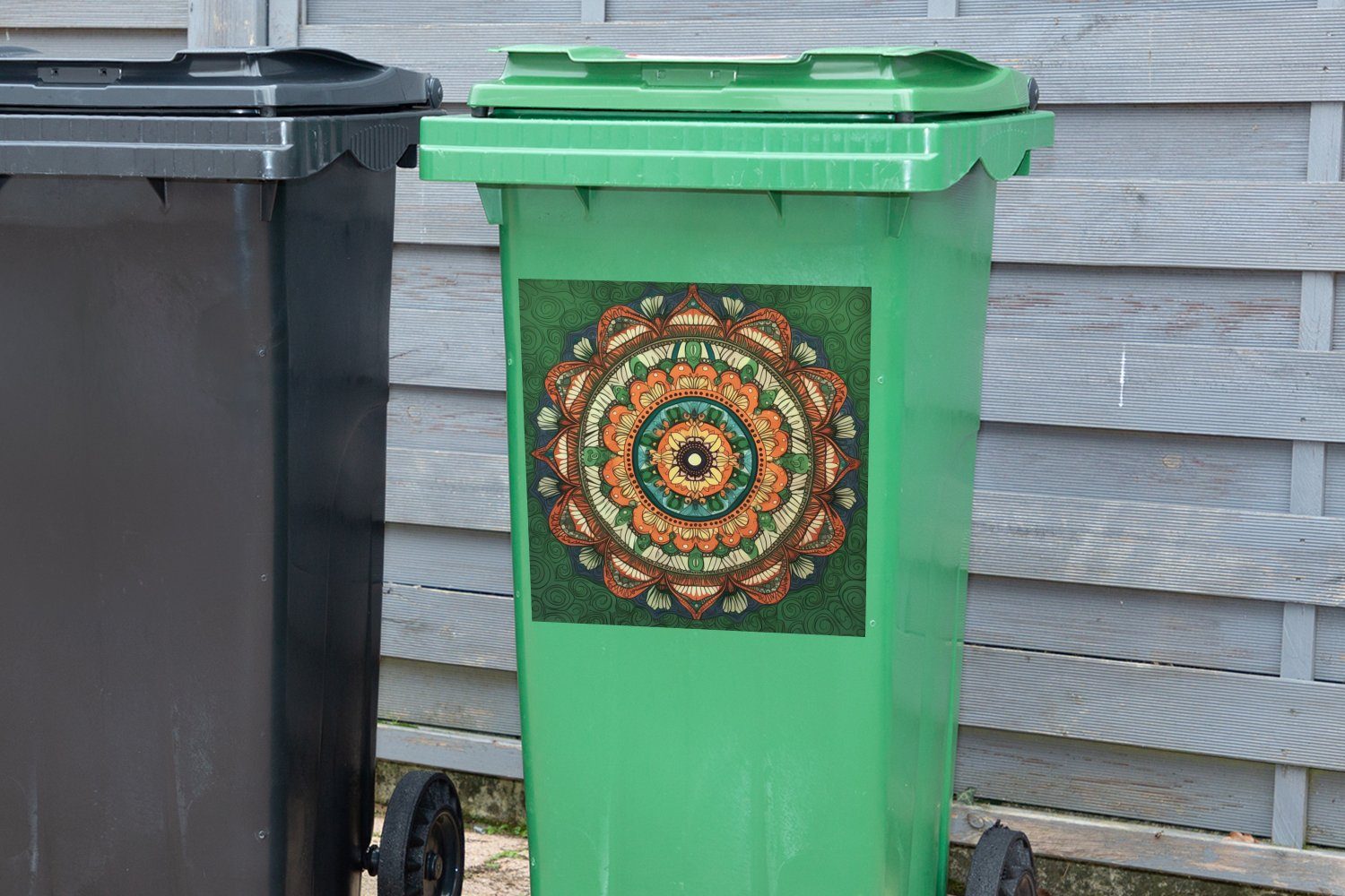 St), Sticker, Hippie Orange (1 MuchoWow Mülleimer-aufkleber, Mandala Wandsticker Blumen - Container, - Mülltonne, Abfalbehälter -