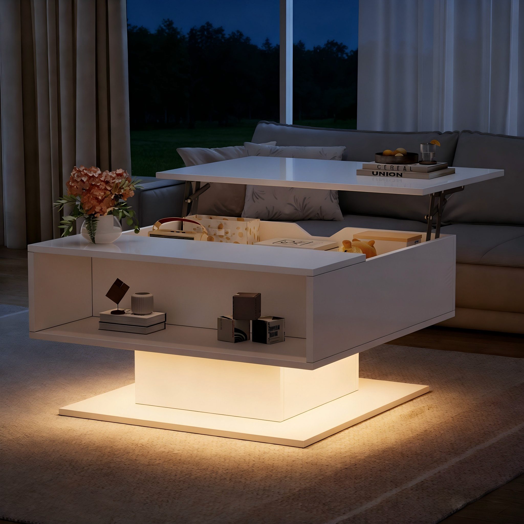 Merax Couchtisch hochglanz Sofatisch anhebbarer Beistelltisch mit LED-Beleuchtung (1-St., 80x75x40 cm), Wohnzimmertisch mit verstecktem Stauraum & halboffenem R – Bild 4 von 5