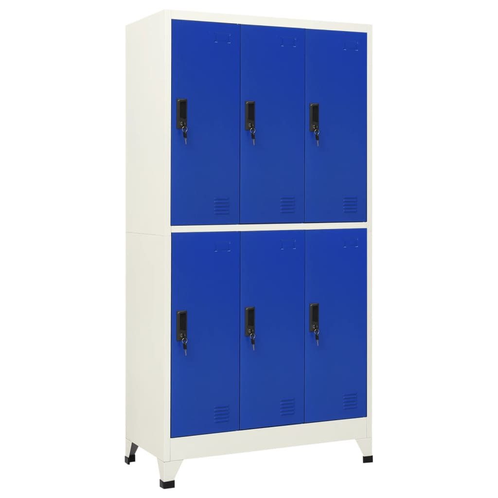 furnicato Spind Schließfachschrank Stahl 90x45x180 cm Grau und Blau (1-St) Spind wardrobe mit 6 Fächern, Kleiderbügeln und Namensschildhalter