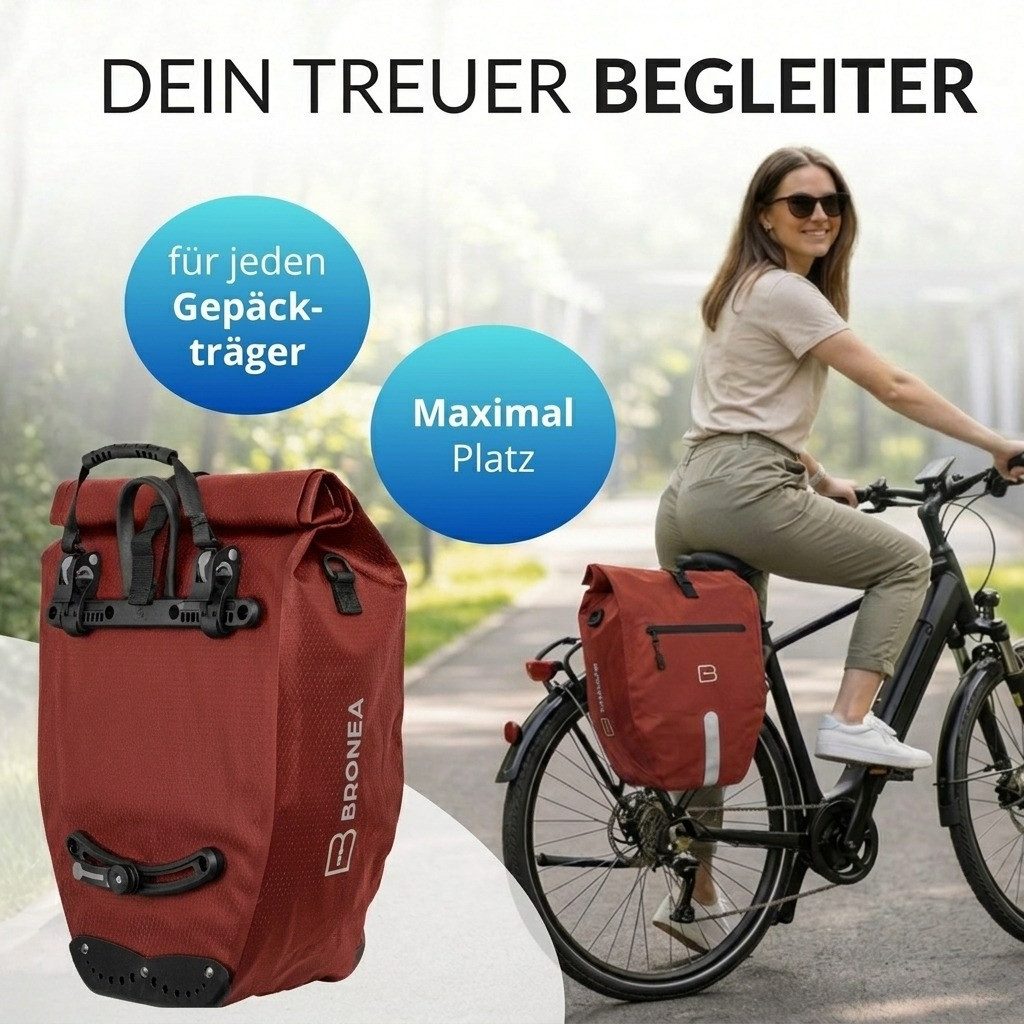 Bronea Fahrradtasche 2in1 Gepäckträgertasche Fahrrad XXL 28 Ltr - Verstärkt - Abnehmbar (Fahrradtasche für Gepäckträger hinten, Wasserdicht & Reflektierend - Laptoptasche), Innovatives verstellbares Click System für alle Gepäckträger